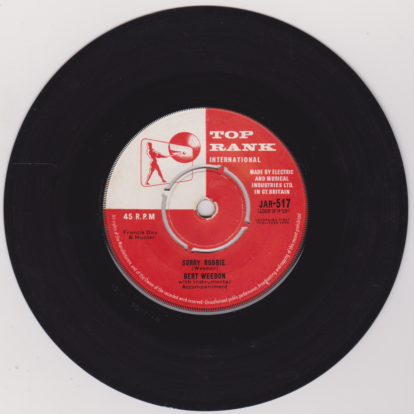 Bert Weedon - Sorry Robbie (Top Rank 1960) 7" vinyl single VG/-