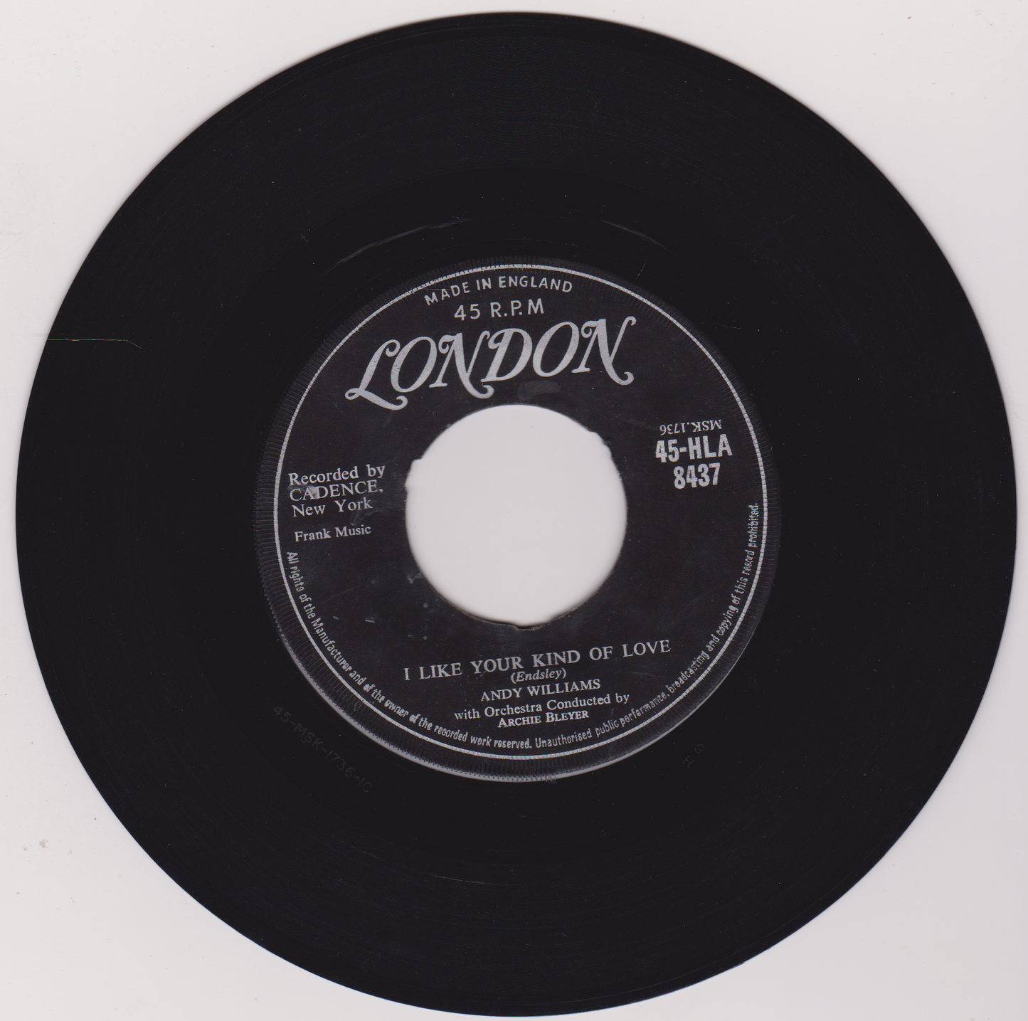 Andy Williams – I Like Your Kind Of Love (London 1957) 7” vinyl single VG/- jukebox centre