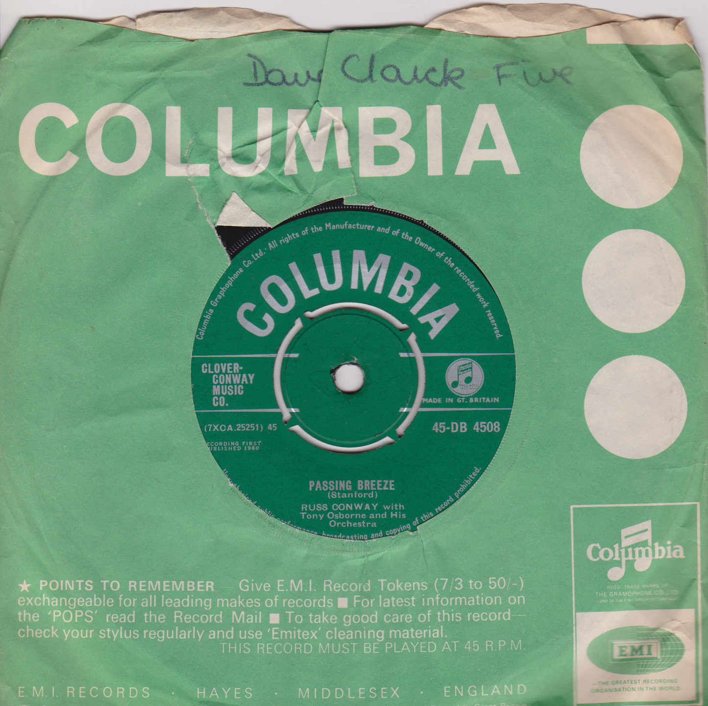 Russ Conway – Passing Breeze (Columbia, 1960) 7" vinyl VG/-