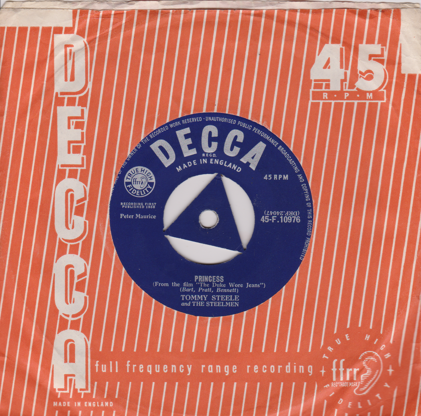 Tommy Steele And The Steelmen – Princess (Decca 1958) 7" vinyl single VG/VG