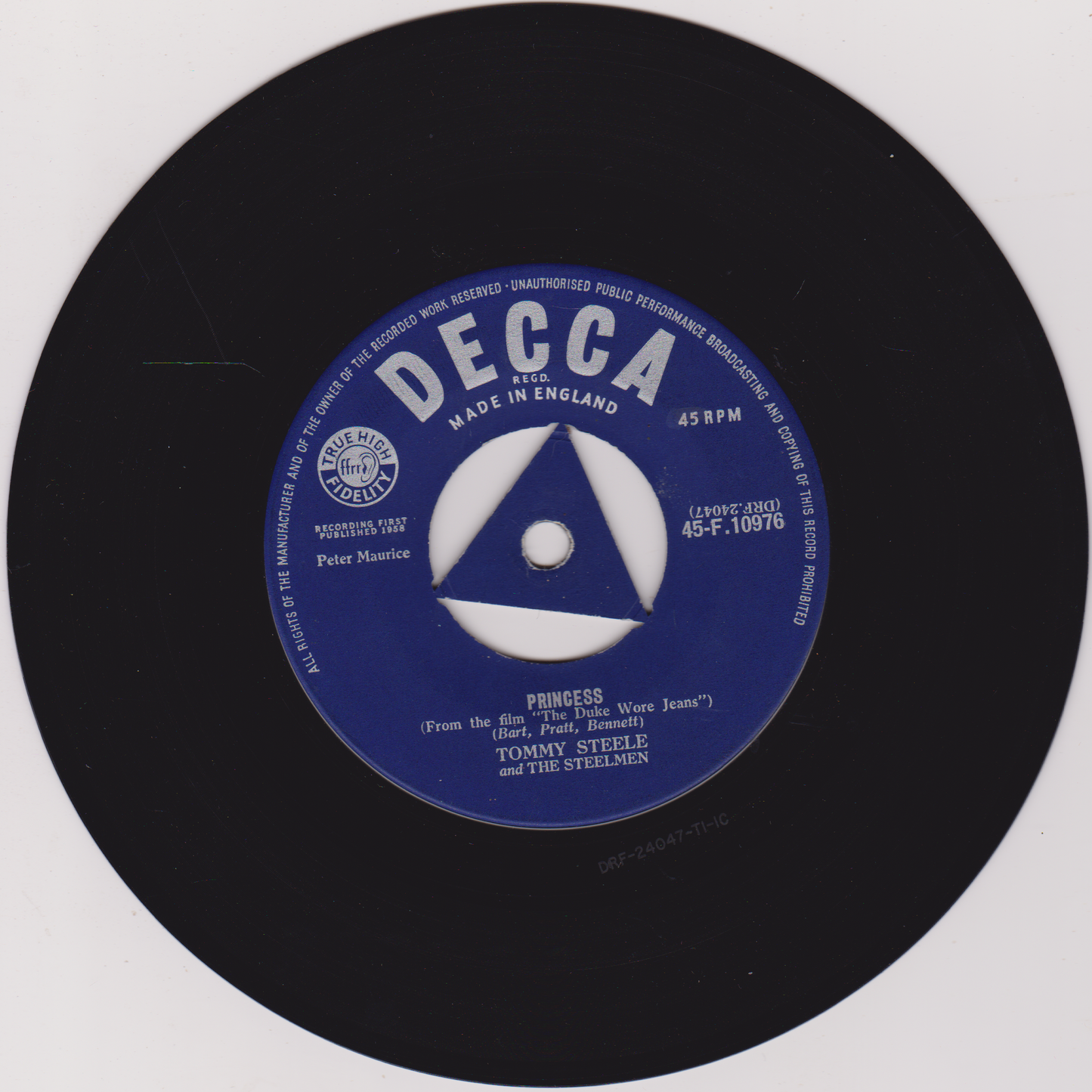 Tommy Steele And The Steelmen – Princess (Decca 1958) 7" vinyl single VG/VG