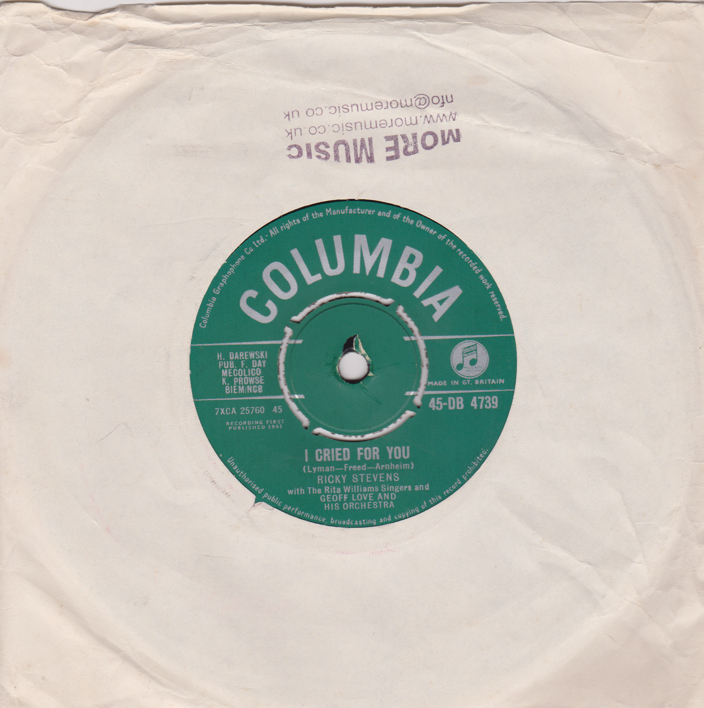 Ricky Stevens – I Cried For You (Columbia 1961) 7" vinyl single VG/-