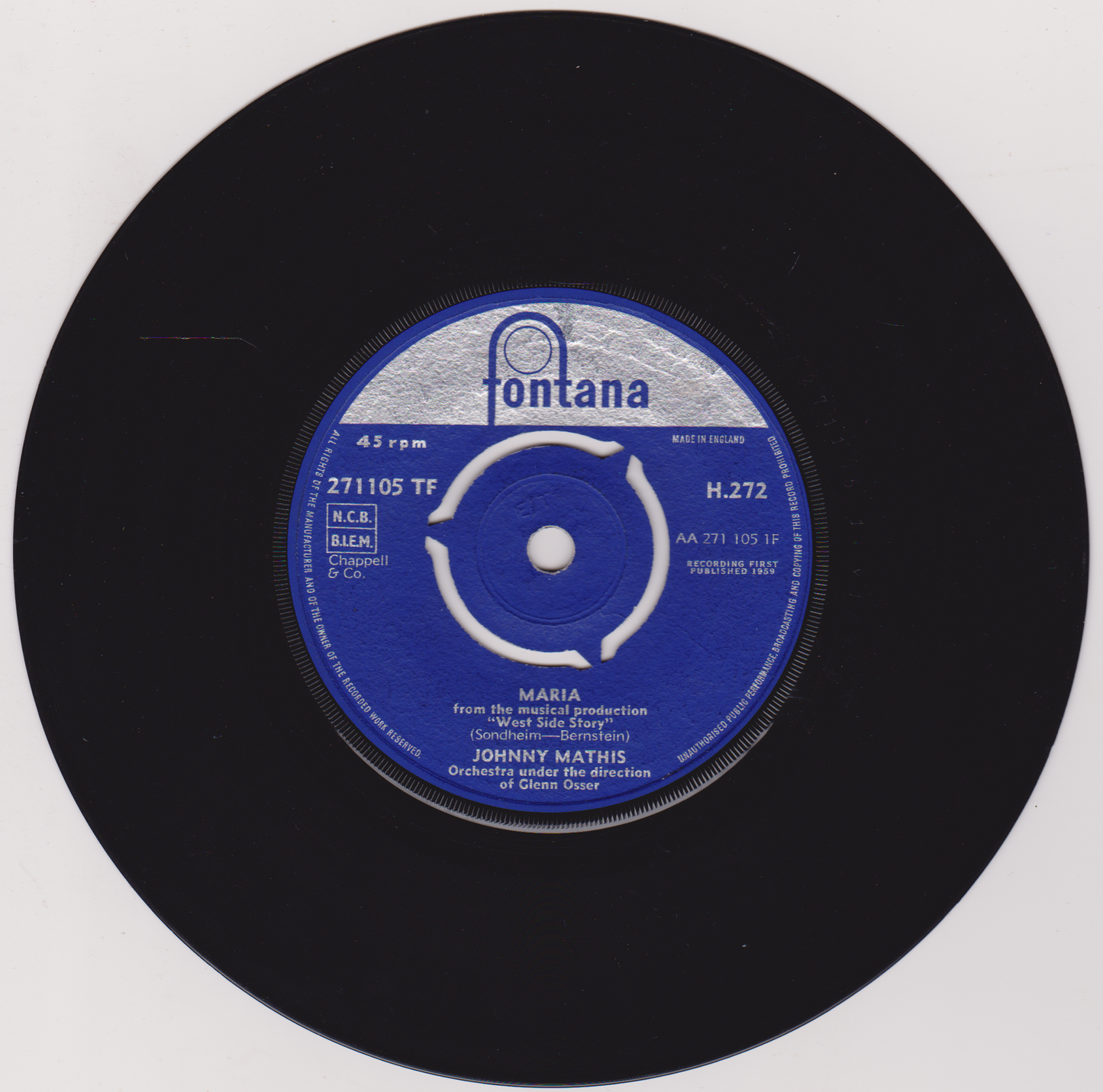 Johnny Mathis – Maria (Fontana 1959) 7" vinyl single VG/VG