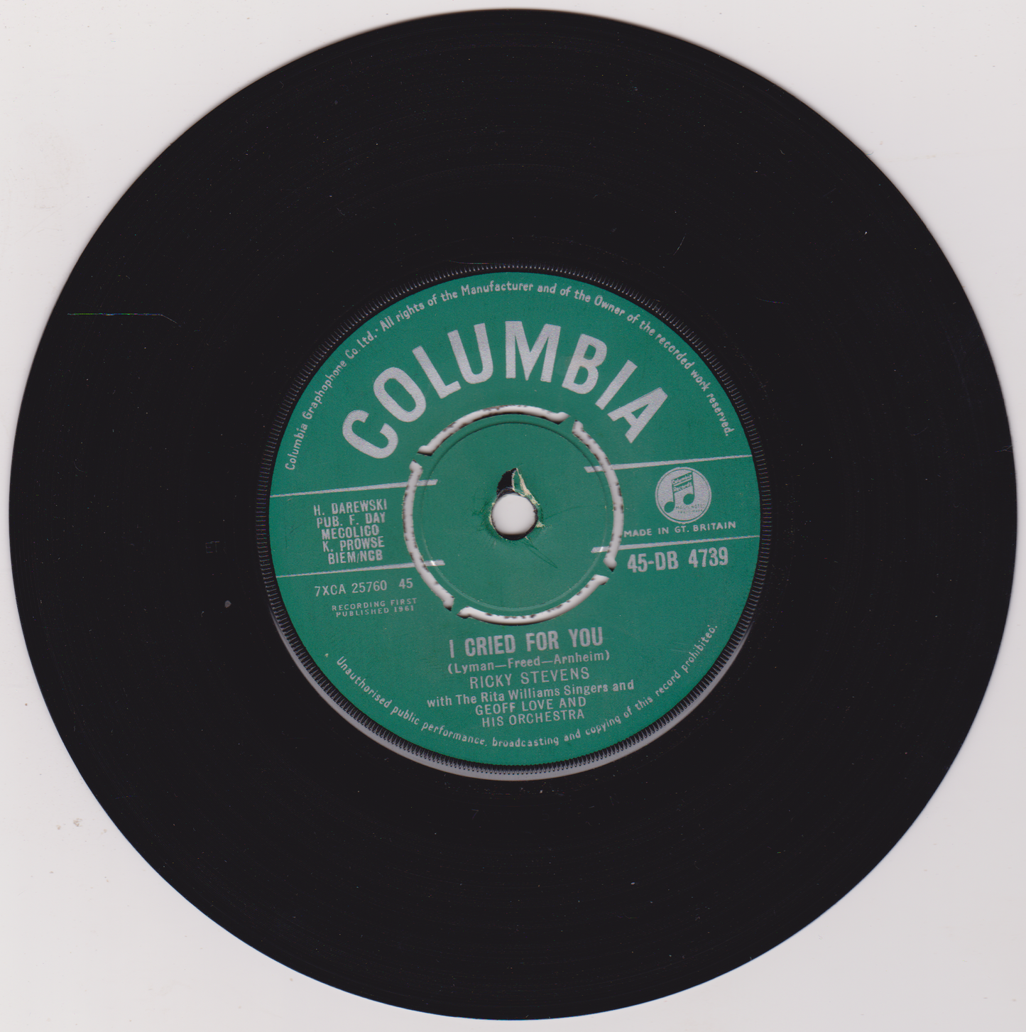 Ricky Stevens – I Cried For You (Columbia 1961) 7" vinyl single VG/-