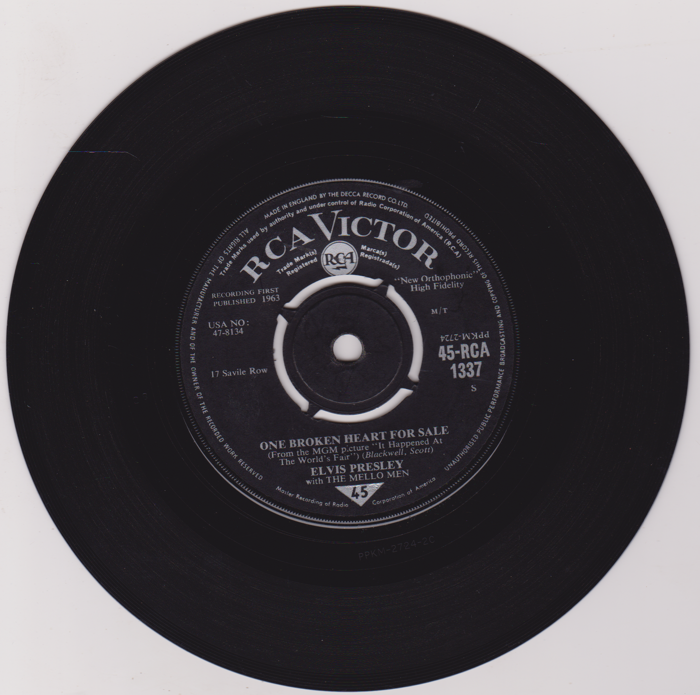 Elvis Presley With The Mello Men – One Broken Heart For Sale (RCA 1963) 7" vinyl single VG/VG