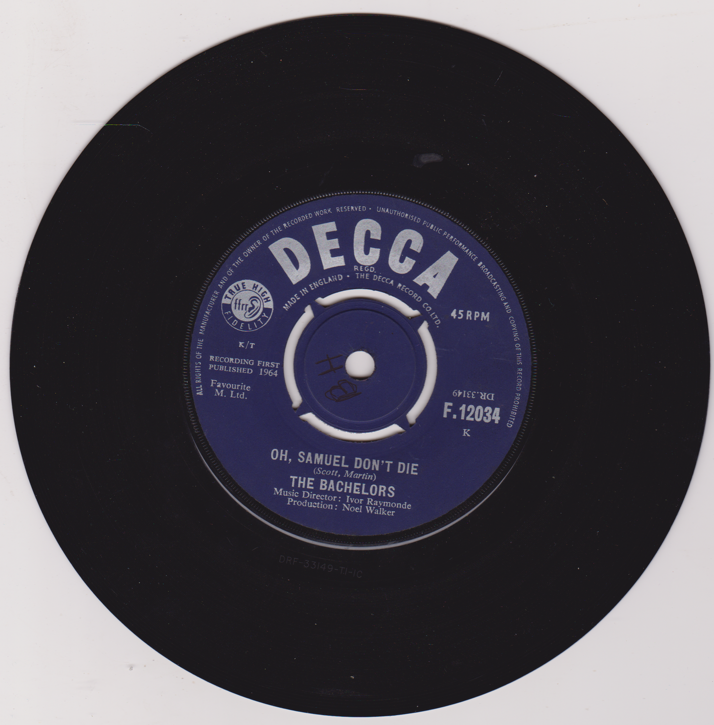 Black vinyl record with a blue label featuring 'Decca' branding on a white background