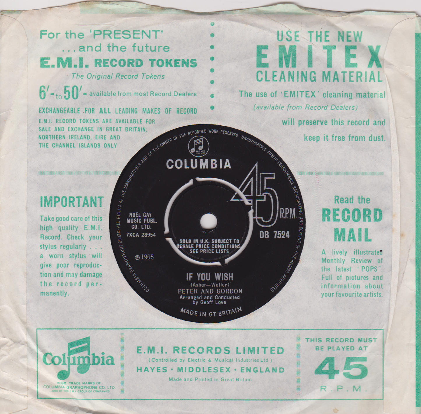 Peter & Gordon – True Love Ways (Columbia 1965) 7" vinyl single VG/VG