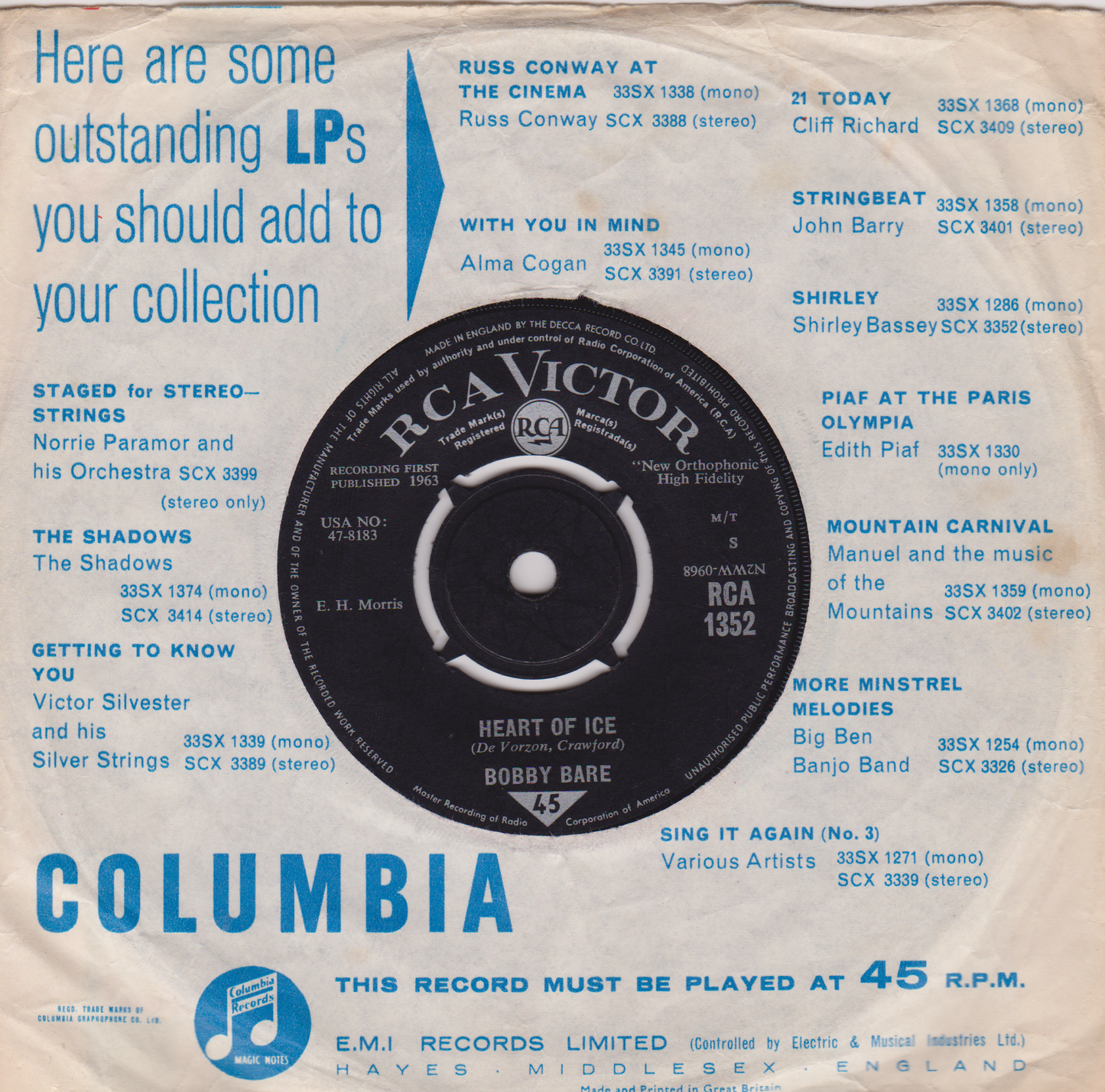 Bobby Bare – Detroit City (RCA 1963) 7" vinyl single VG/-