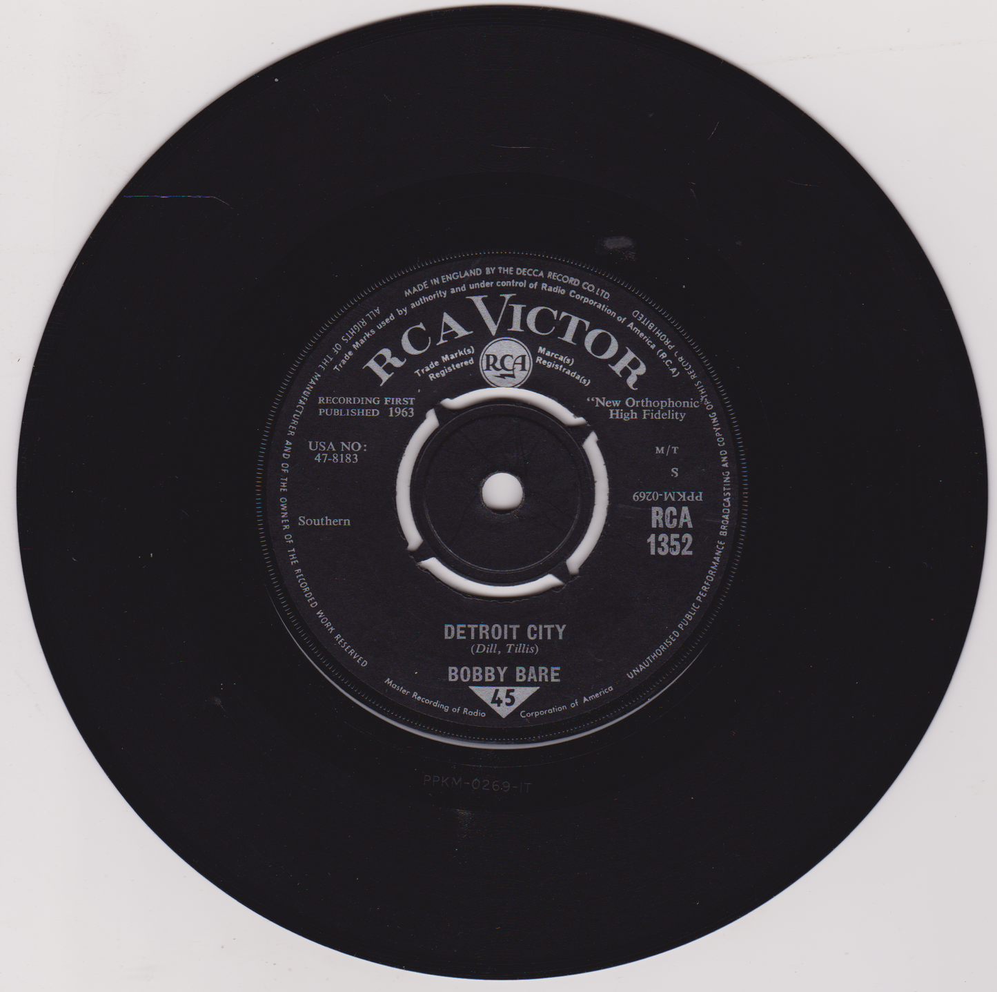 Bobby Bare – Detroit City (RCA 1963) 7" vinyl single VG/-