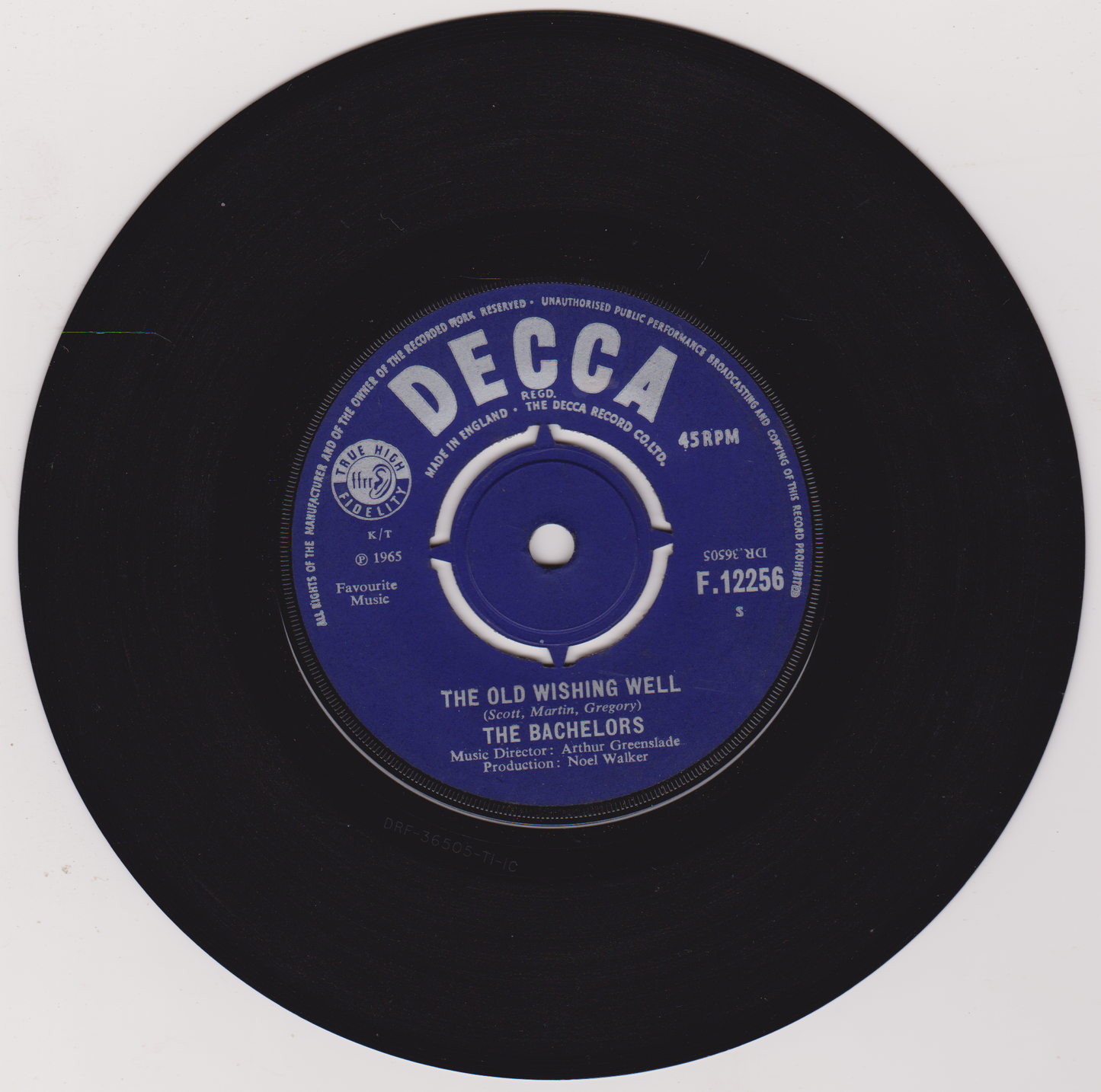 Black vinyl record with a blue Decca label on a white background