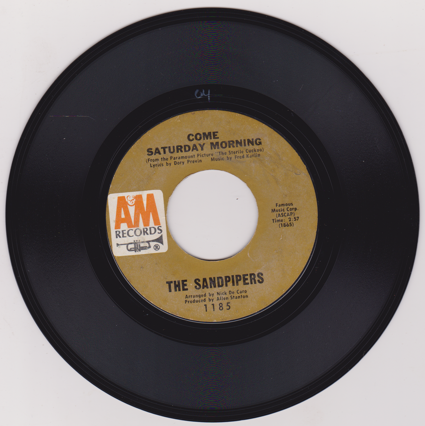 The Sandpipers - Come Saturday Morning (A&M 1970) 7" vinyl US single VG/- jukebox centre