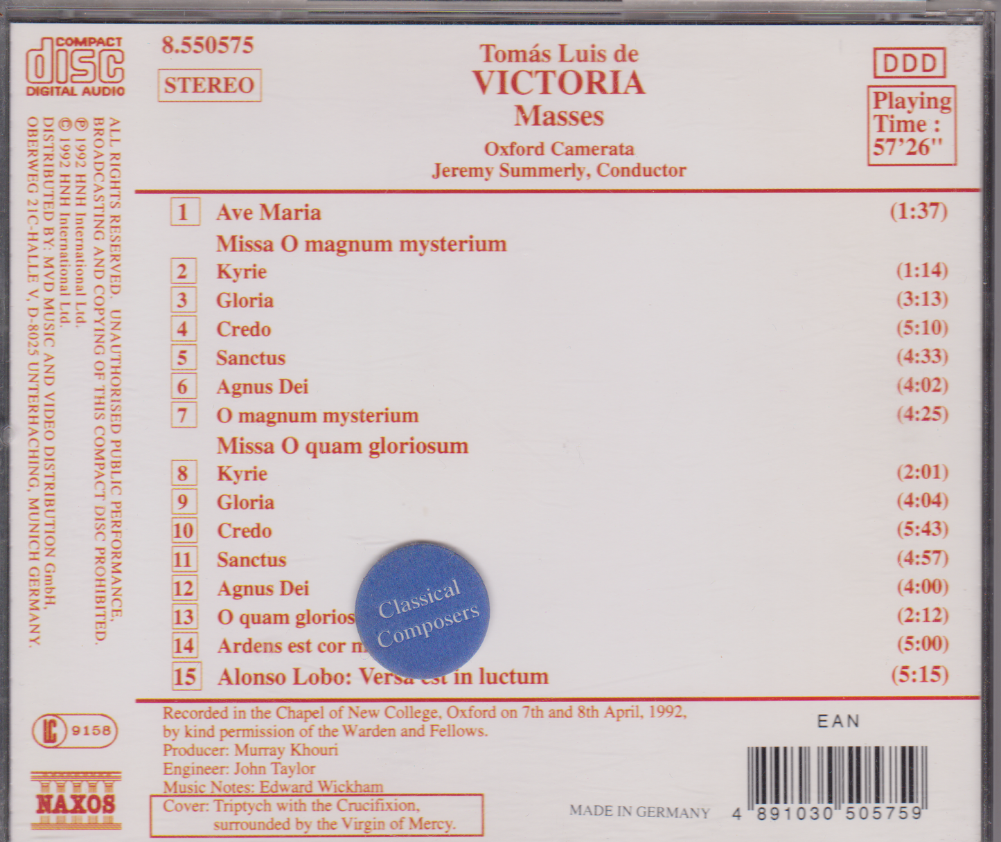 Victoria / Lobo / Oxford Camerata - Masses (Naxos 1992) CD album