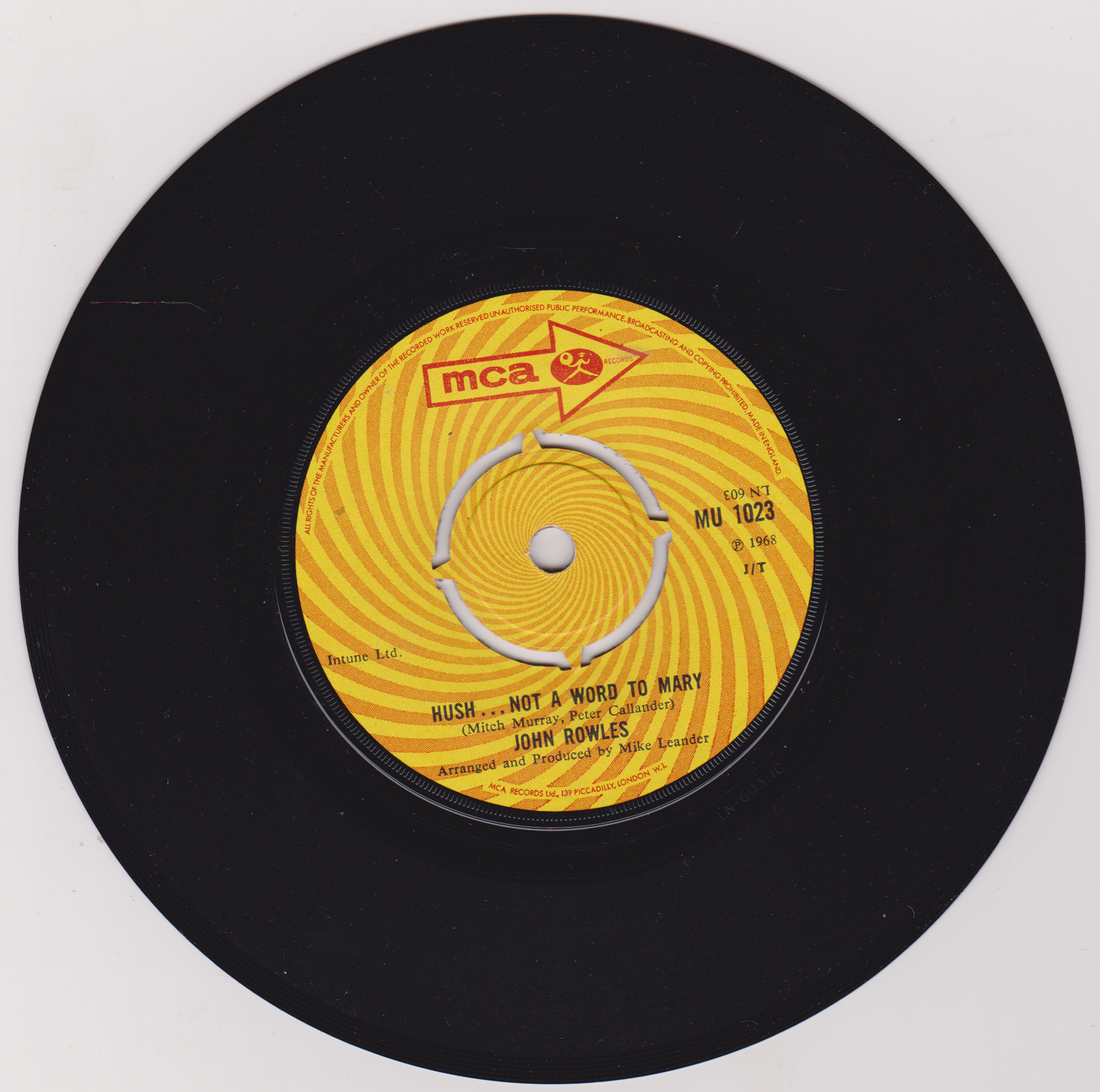 John Rowles – Hush... Not A Word To Mary (MCA 1968) 7" vinyl single VG/-