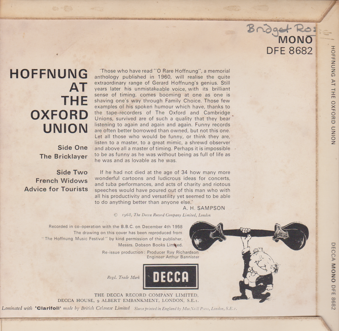 Gerard Hoffnung – Hoffnung At The Oxford Union (Decca 1968) 7" vinyl P/S EP VG/VG