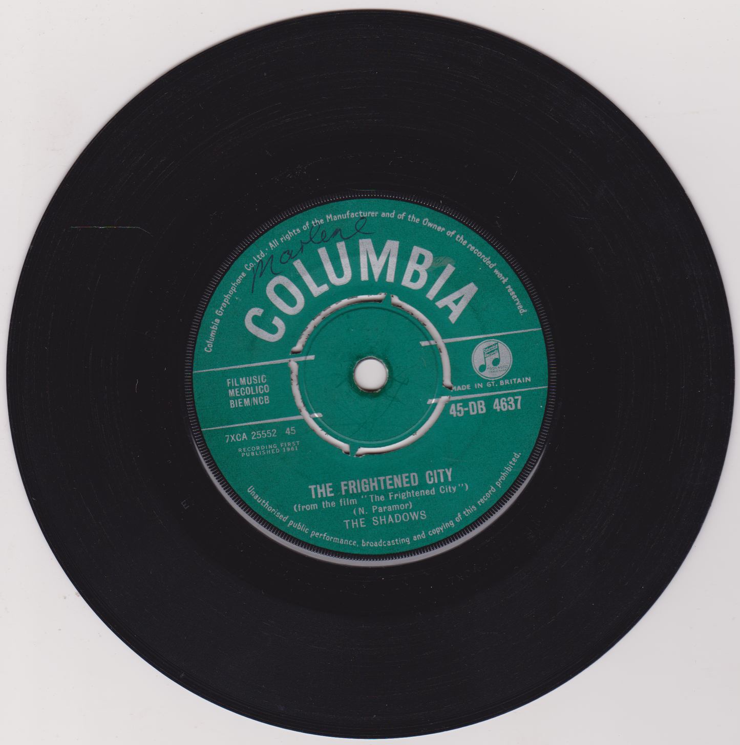 The Shadows - The Frightened City (Columbia 1961) 7" vinyl single VG/-