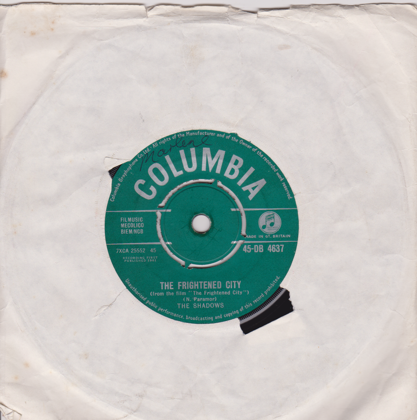 The Shadows - The Frightened City (Columbia 1961) 7" vinyl single VG/-