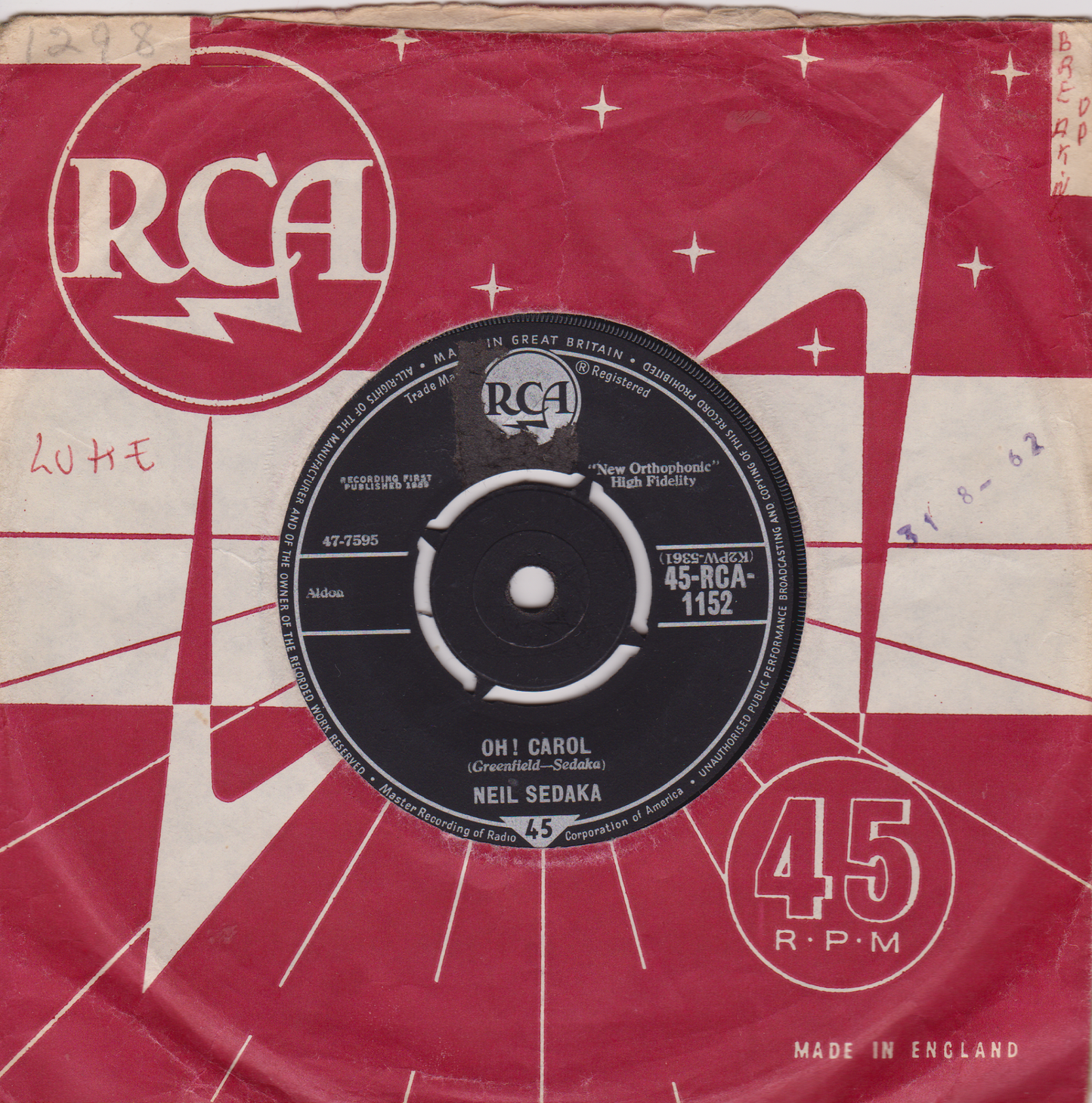 Neil Sedaka – Oh! Carol (RCA 1959) 7" vinyl single VG/-