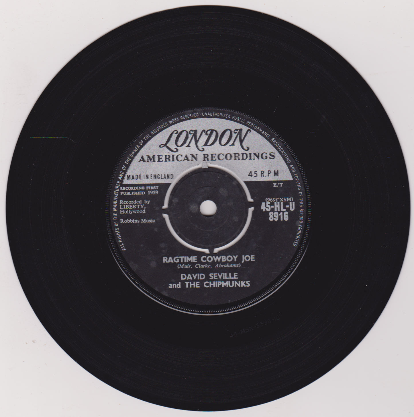 David Seville And His Orchestra / The Chipmunks – Ragtime Cowboy Joe 7" vinyl single VG/-