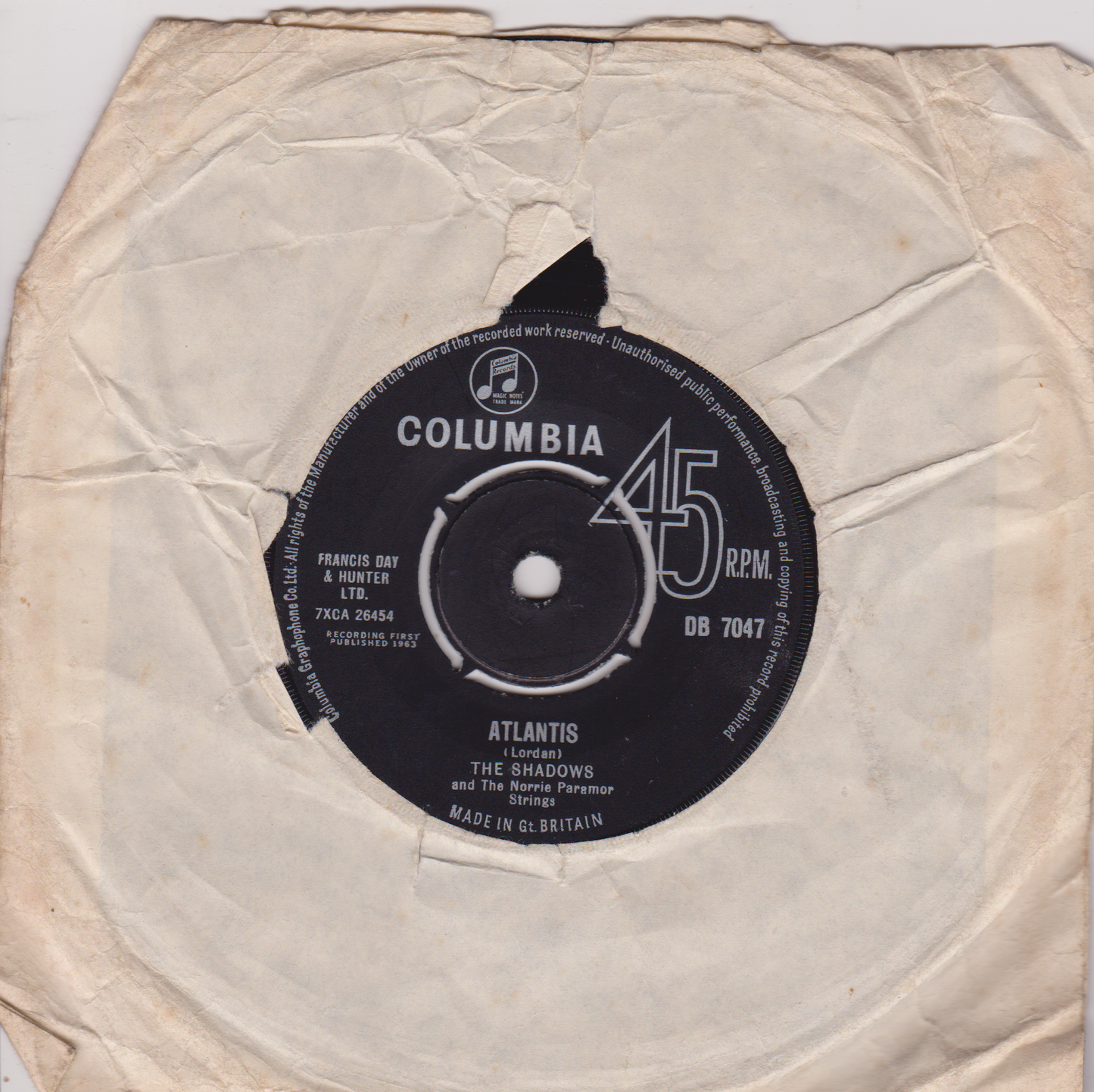 The Shadows - Atlantis (Columbia 1963) 7" vinyl single VG/-