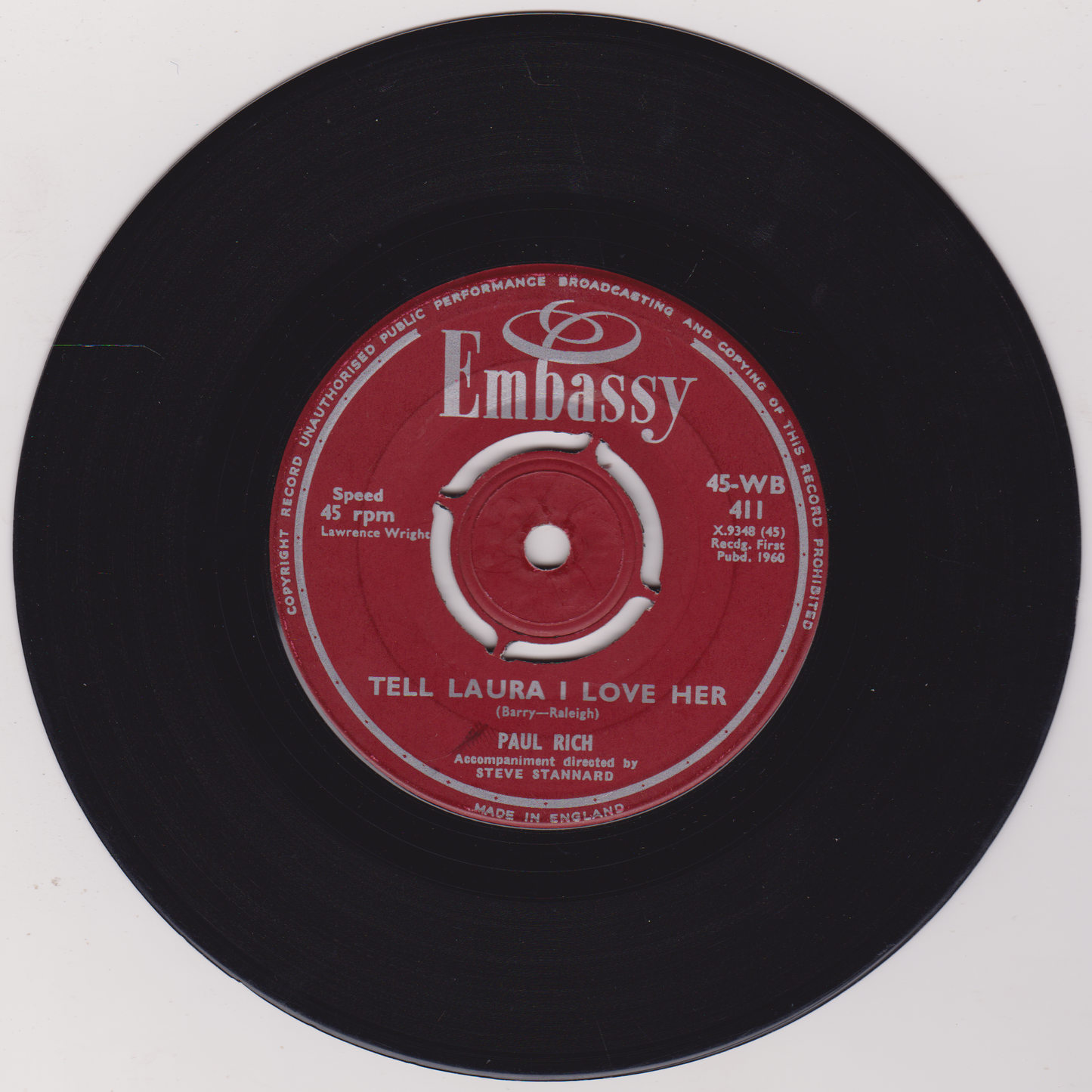 Paul Rich – Tell Laura I Love Her (Embassy 1960) 7" vinyl single VG/G+