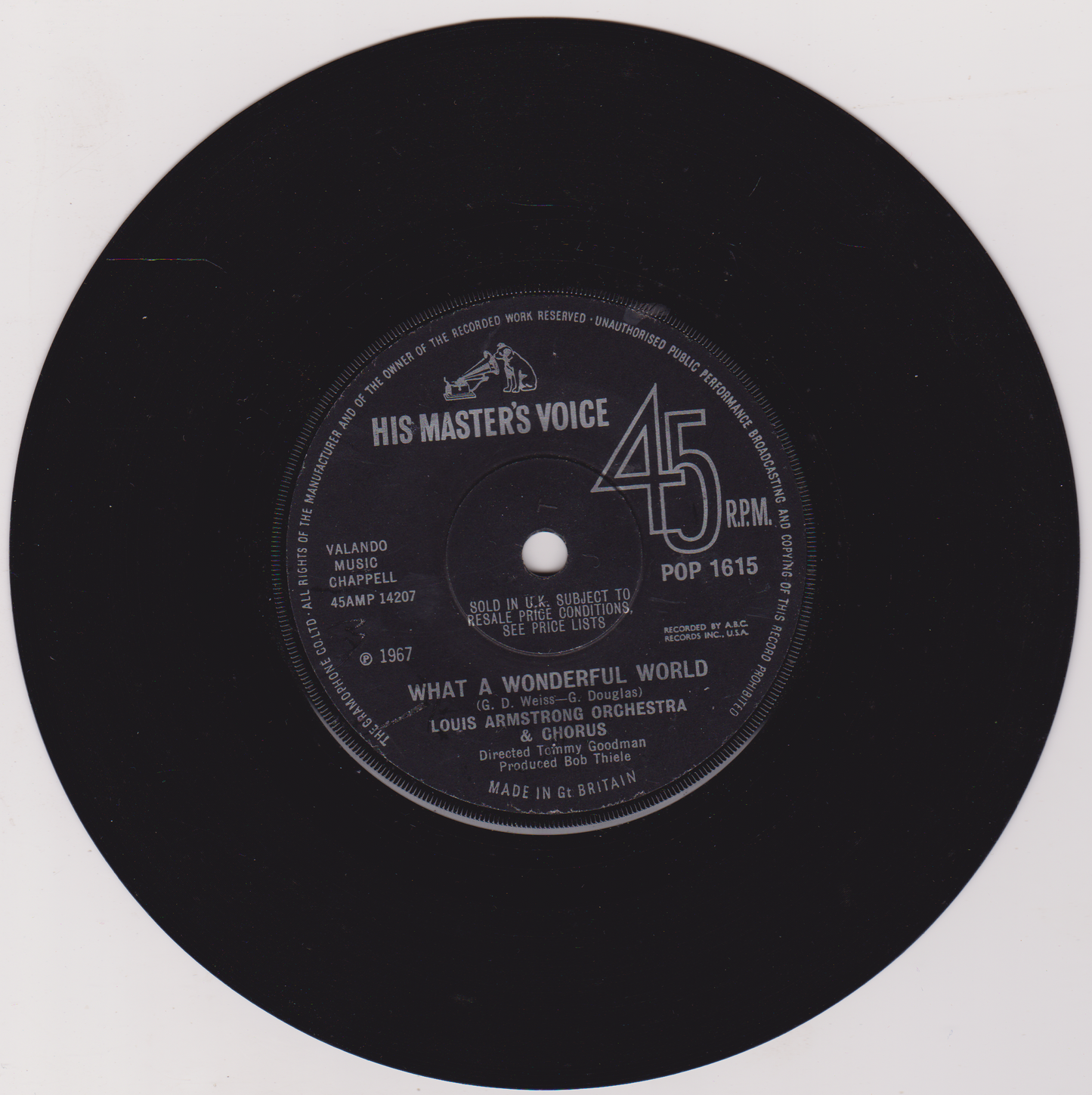 Louis Armstrong Orchestra & Chorus – What A Wonderful World (HMV 1967) 7" vinyl single G+/-