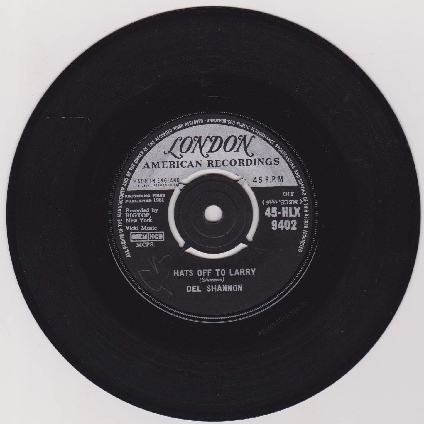 Del Shannon - Hats Off To Larry (London 1961) 7" vinyl single VG/-
