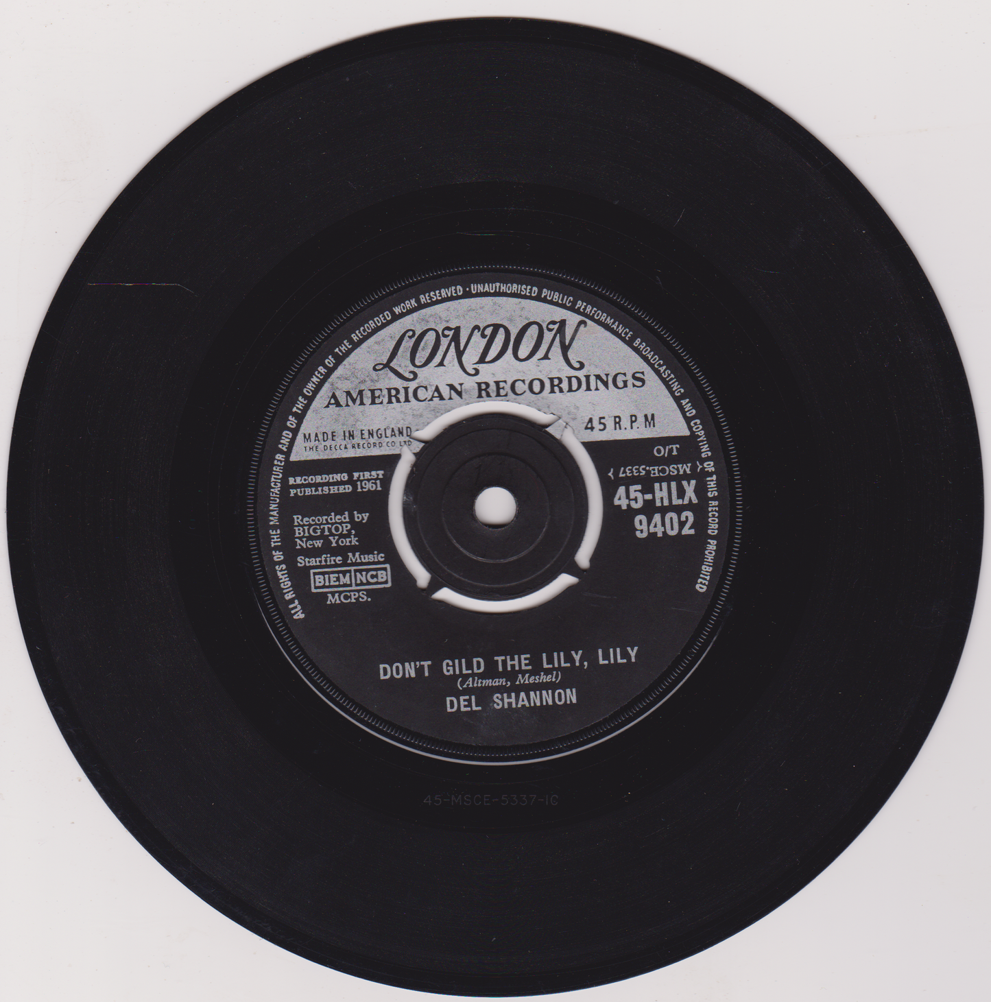 Del Shannon - Hats Off To Larry (London 1961) 7" vinyl single VG/-