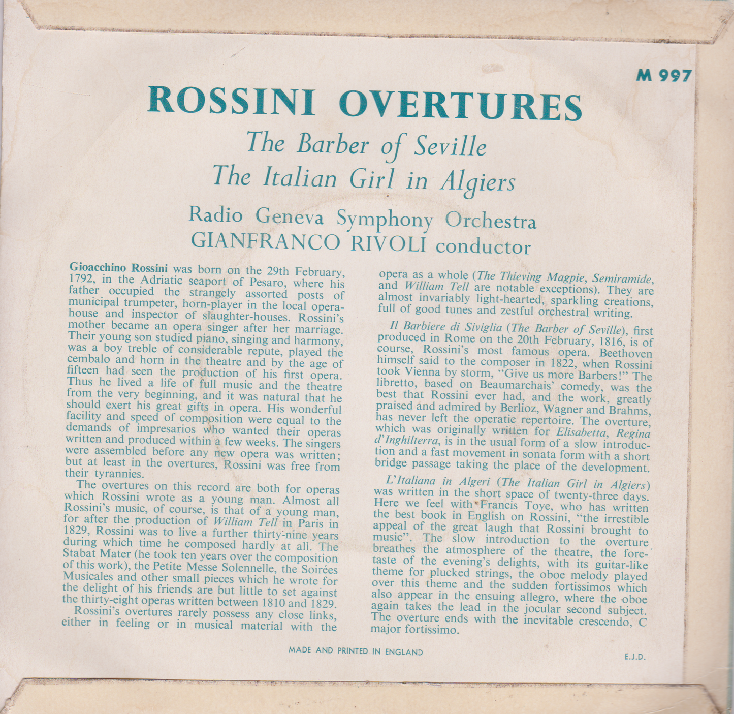 Rossini - Overtures (Concert Hall) 7" vinyl P/S EP VG/VG 33rpm