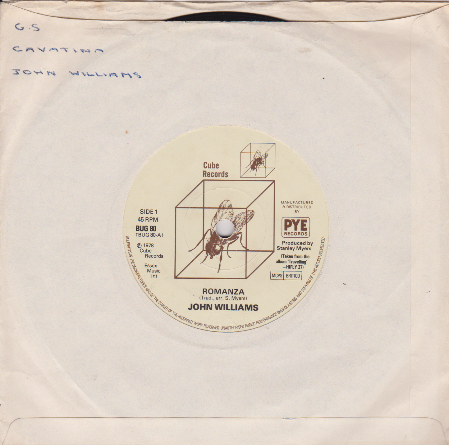 John Williams - Romanza (Cube 1978) 7" vinyl single VG/-