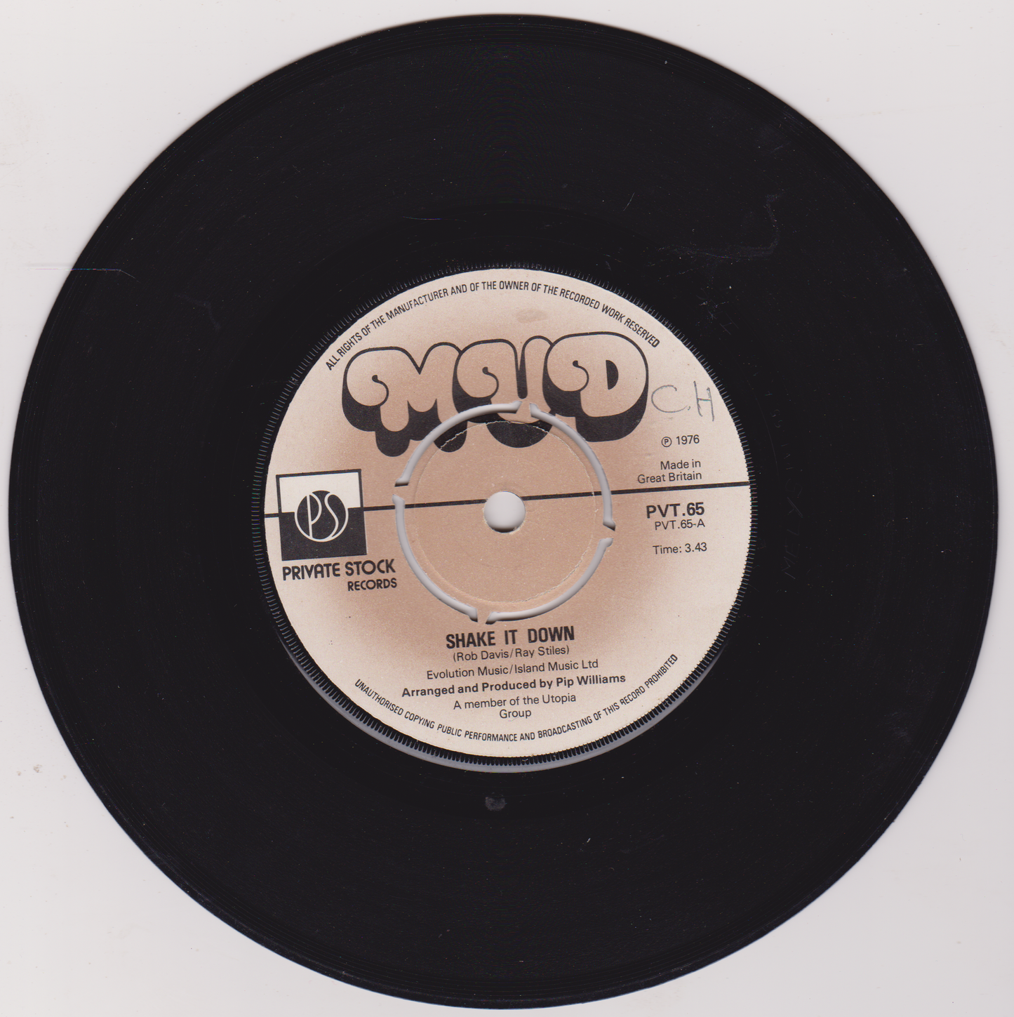 Mud - Shake It Down (Private Stock 1976) 7" vinyl P/S single G+/G+