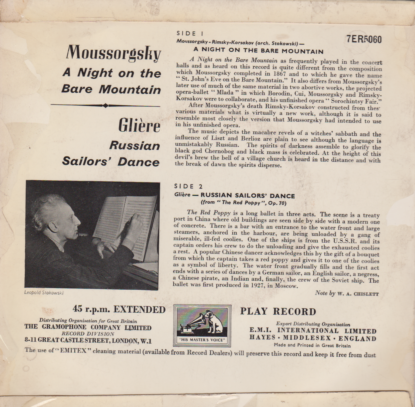 Moussorgsky, Stokowski – A Night On The Bare Mountain (HMV) 7" vinyl P/S EP G+/VG