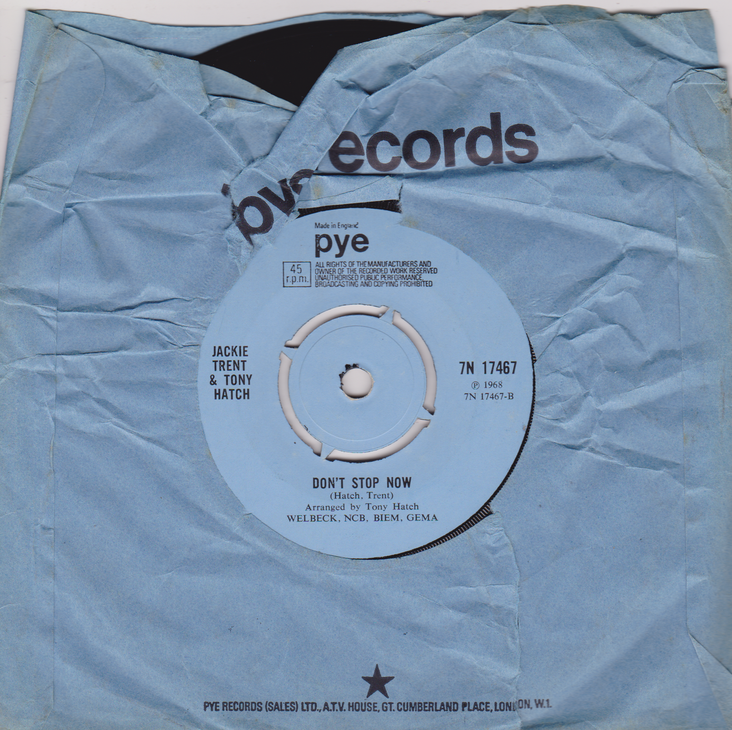 Jackie Trent & Tony Hatch – Thank You For Loving Me (Pye 1968) 7" vinyl single VG/G