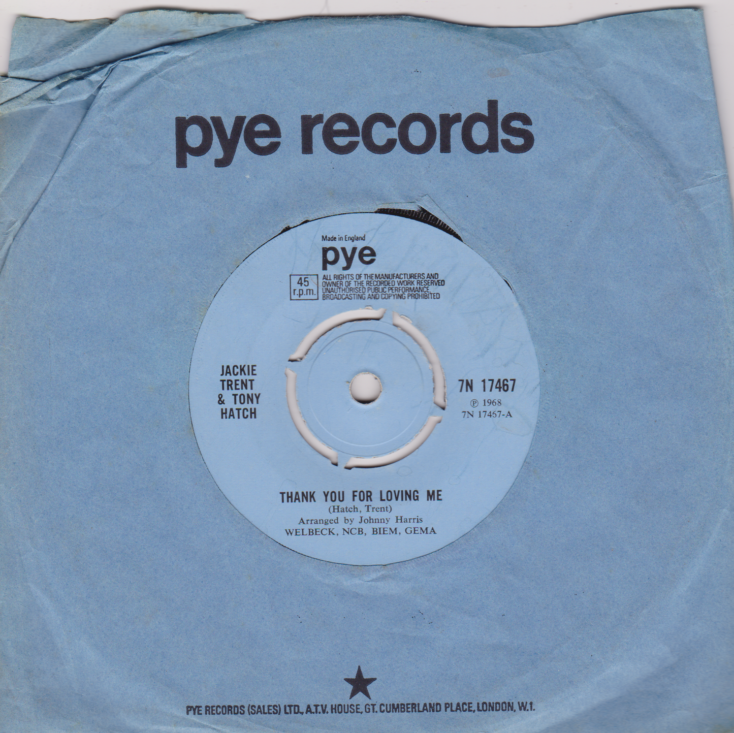 Jackie Trent & Tony Hatch – Thank You For Loving Me (Pye 1968) 7" vinyl single VG/G