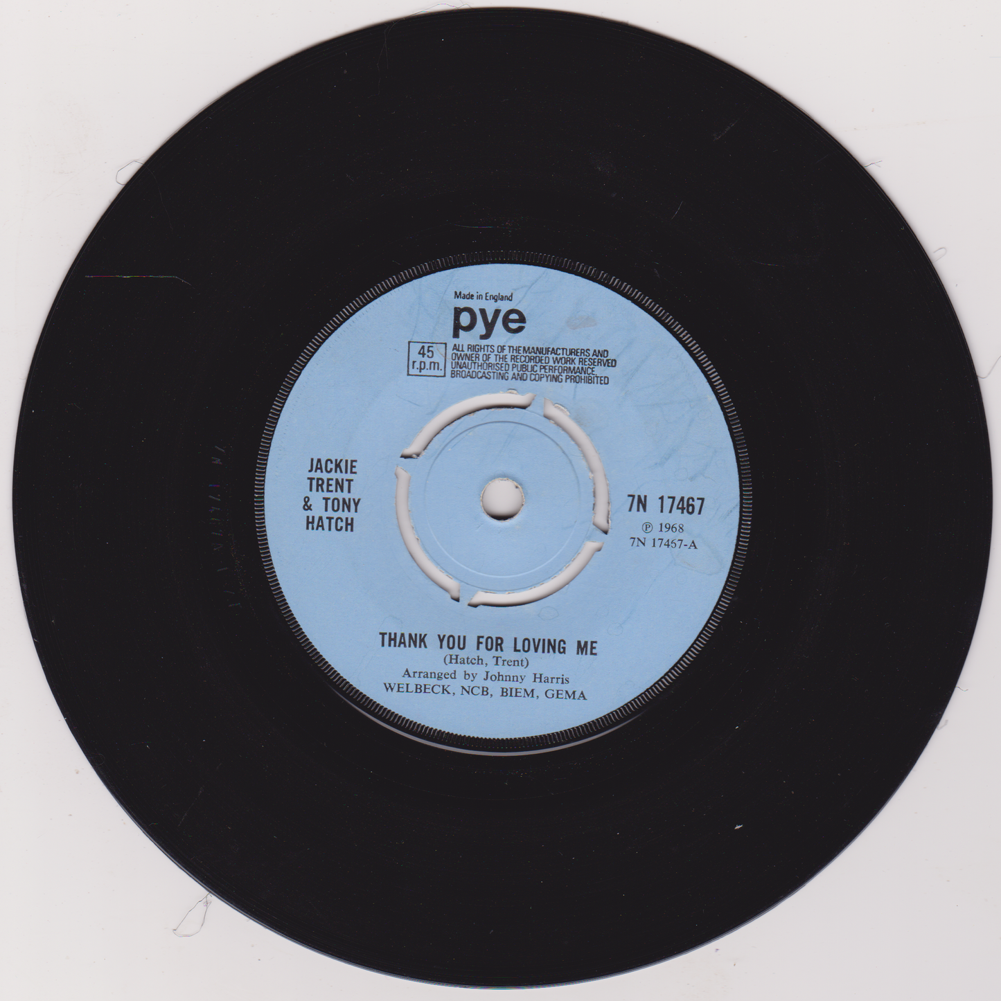 Jackie Trent & Tony Hatch – Thank You For Loving Me (Pye 1968) 7" vinyl single VG/G