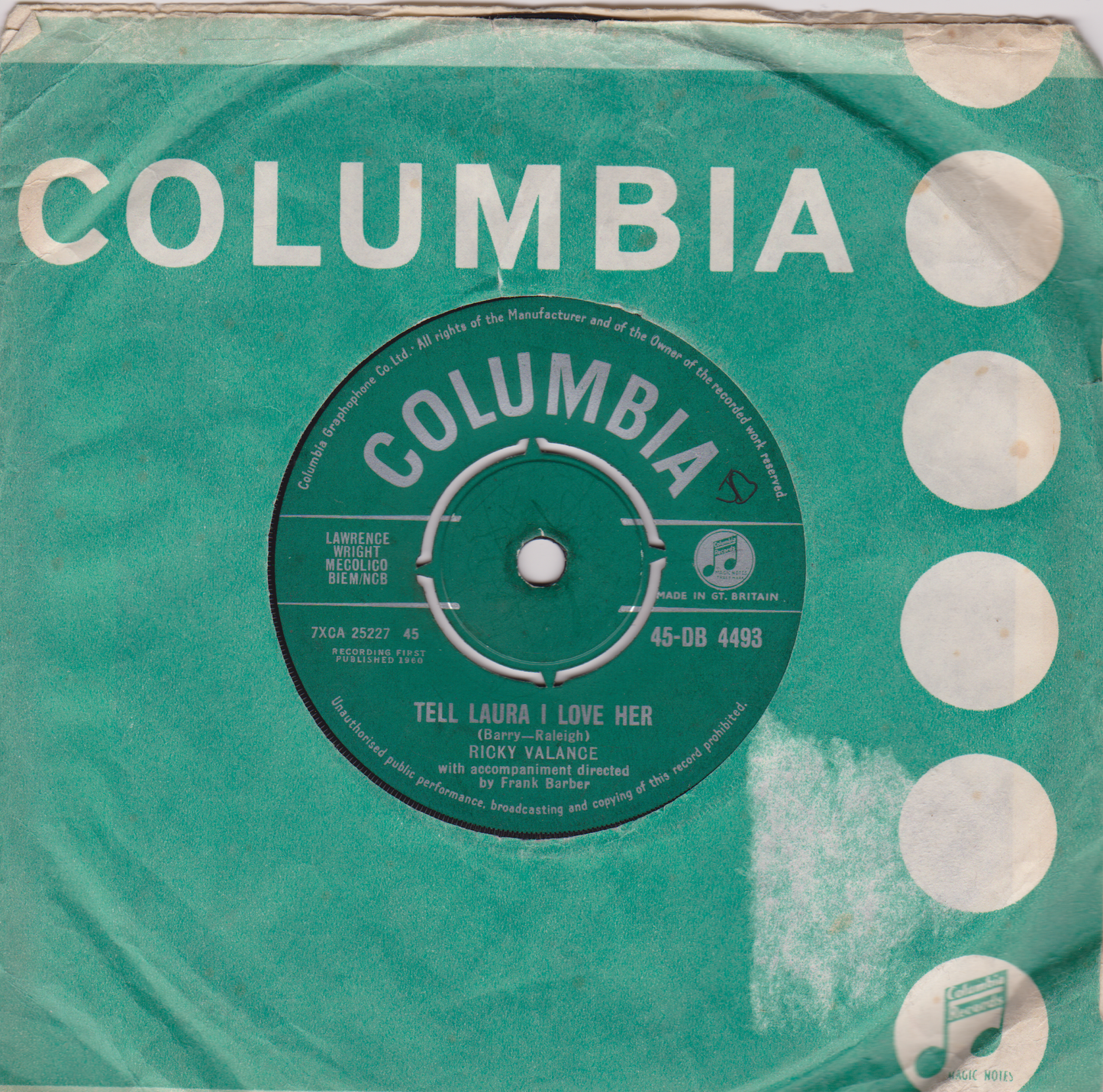 Ricky Valance – Tell Laura I Love Her (Columbia 1960) 7" vinyl single VG/-