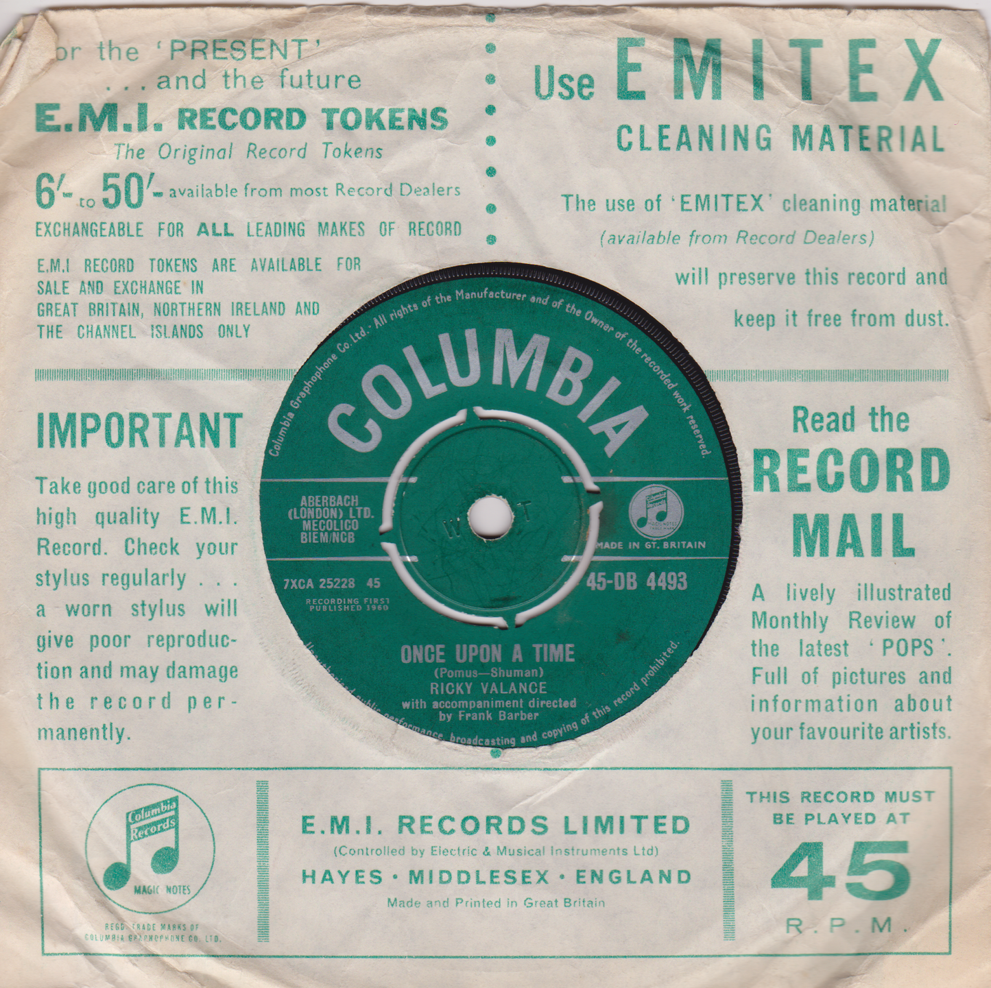 Ricky Valance – Tell Laura I Love Her (Columbia 1960) 7" vinyl single VG/-