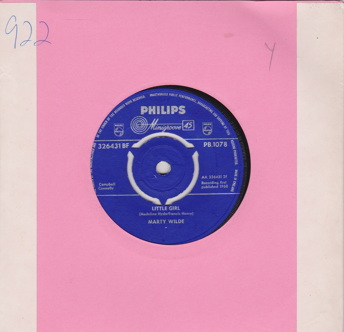 Marty Wilde - Little Girl (Philips 1960) 7" vinyl single VG/-