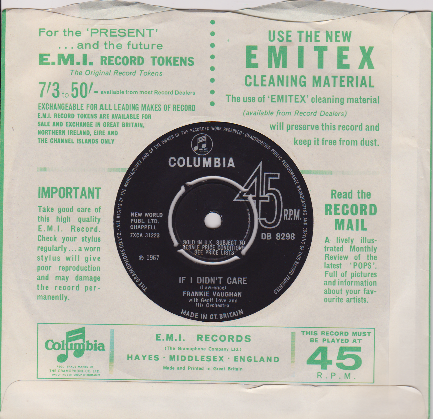 Frankie Vaughan – So Tired (Columbia 1967) 7" vinyl single VG/VG