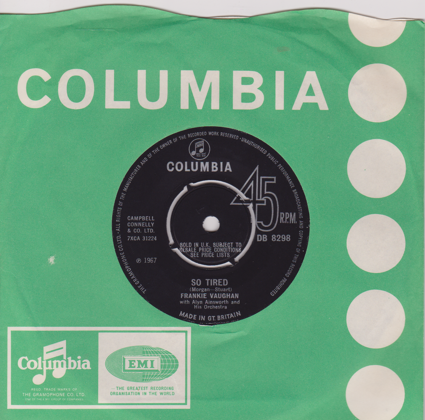 Frankie Vaughan – So Tired (Columbia 1967) 7" vinyl single VG/VG