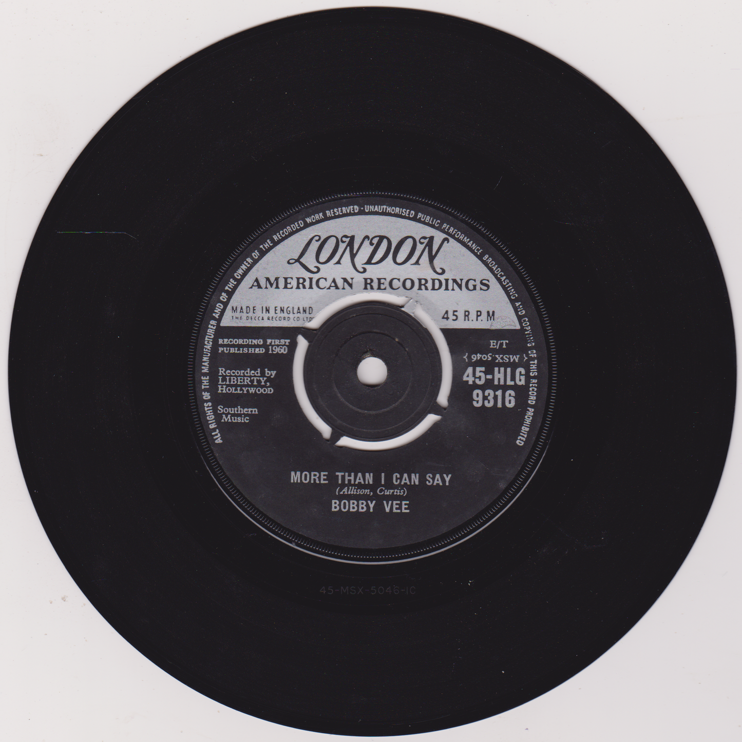 Bobby Vee – More Than I Can Say (London 1960) 7" vinyl single VG/-