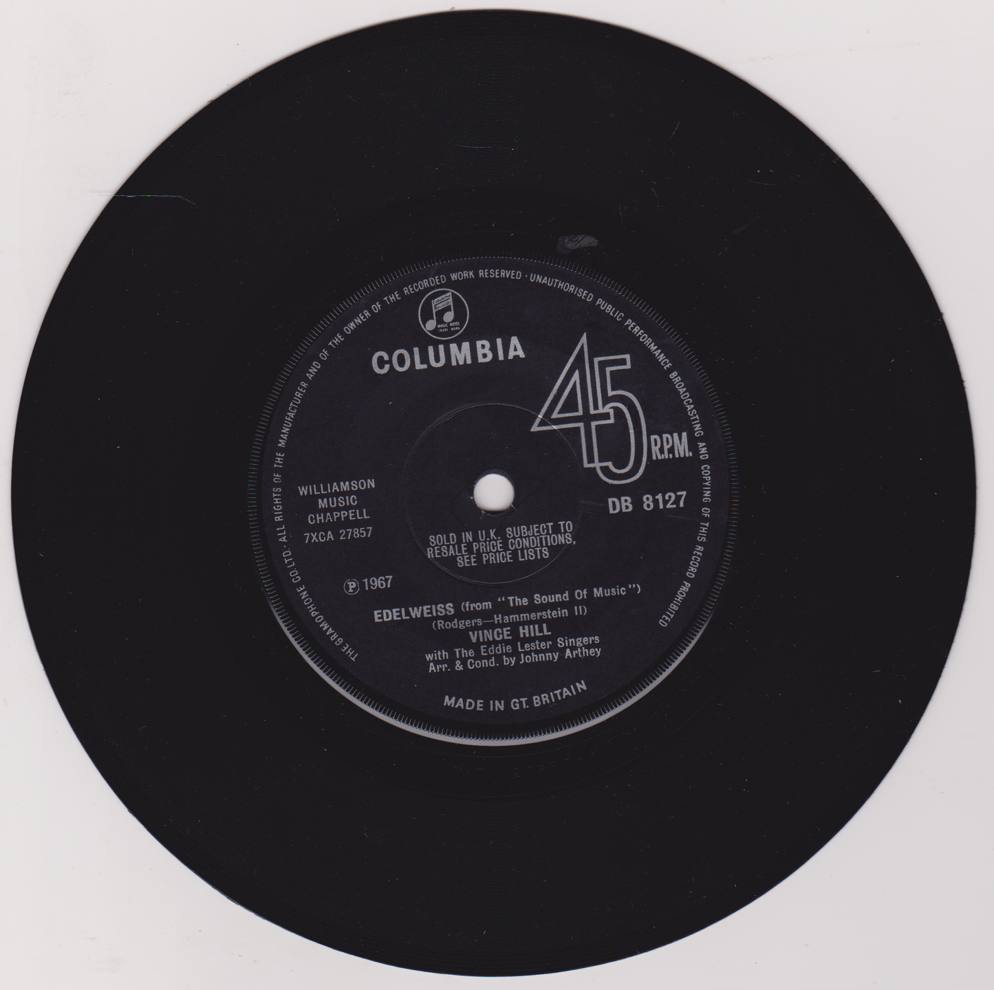 Vince Hill – Edelweiss (Columbia, 1967) 7" vinyl single VG/-