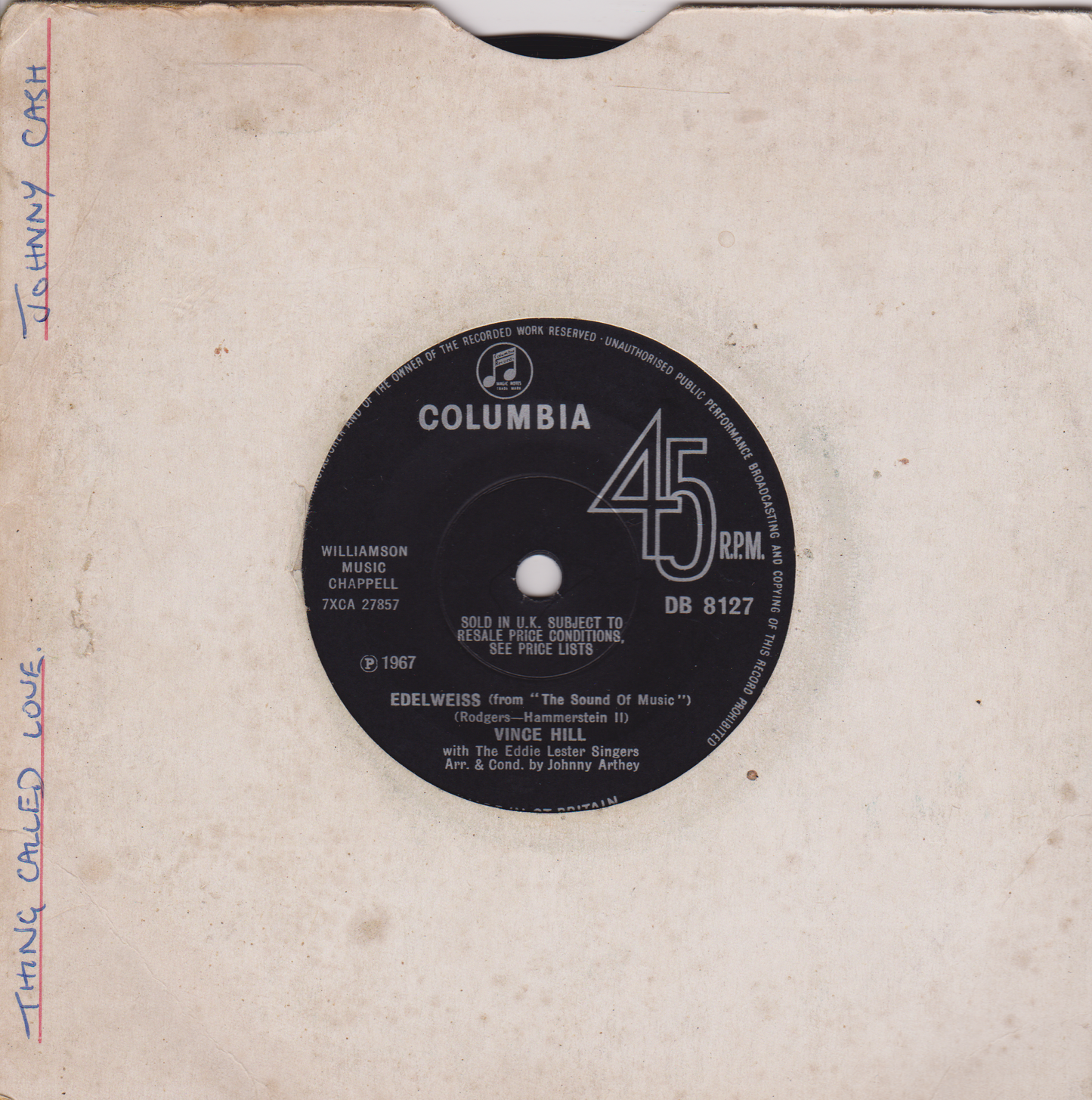 Vince Hill – Edelweiss (Columbia, 1967) 7" vinyl single VG/-