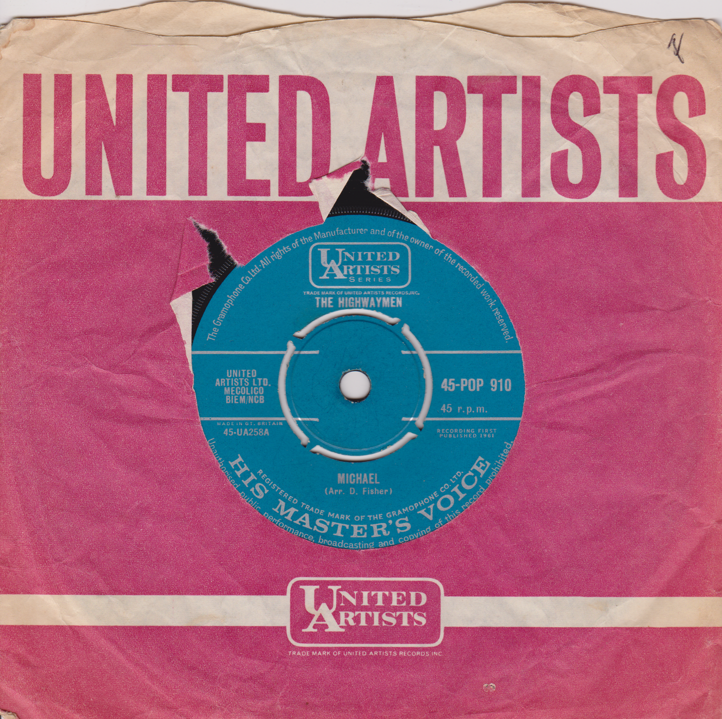 The Highwaymen – Michael (HMV 1961) 7" vinyl single VG/-