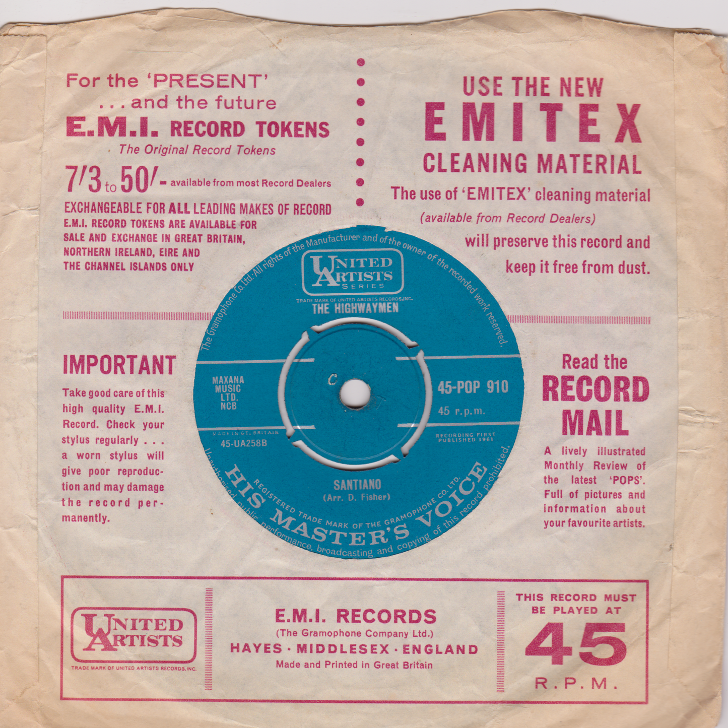 The Highwaymen – Michael (HMV 1961) 7" vinyl single VG/-