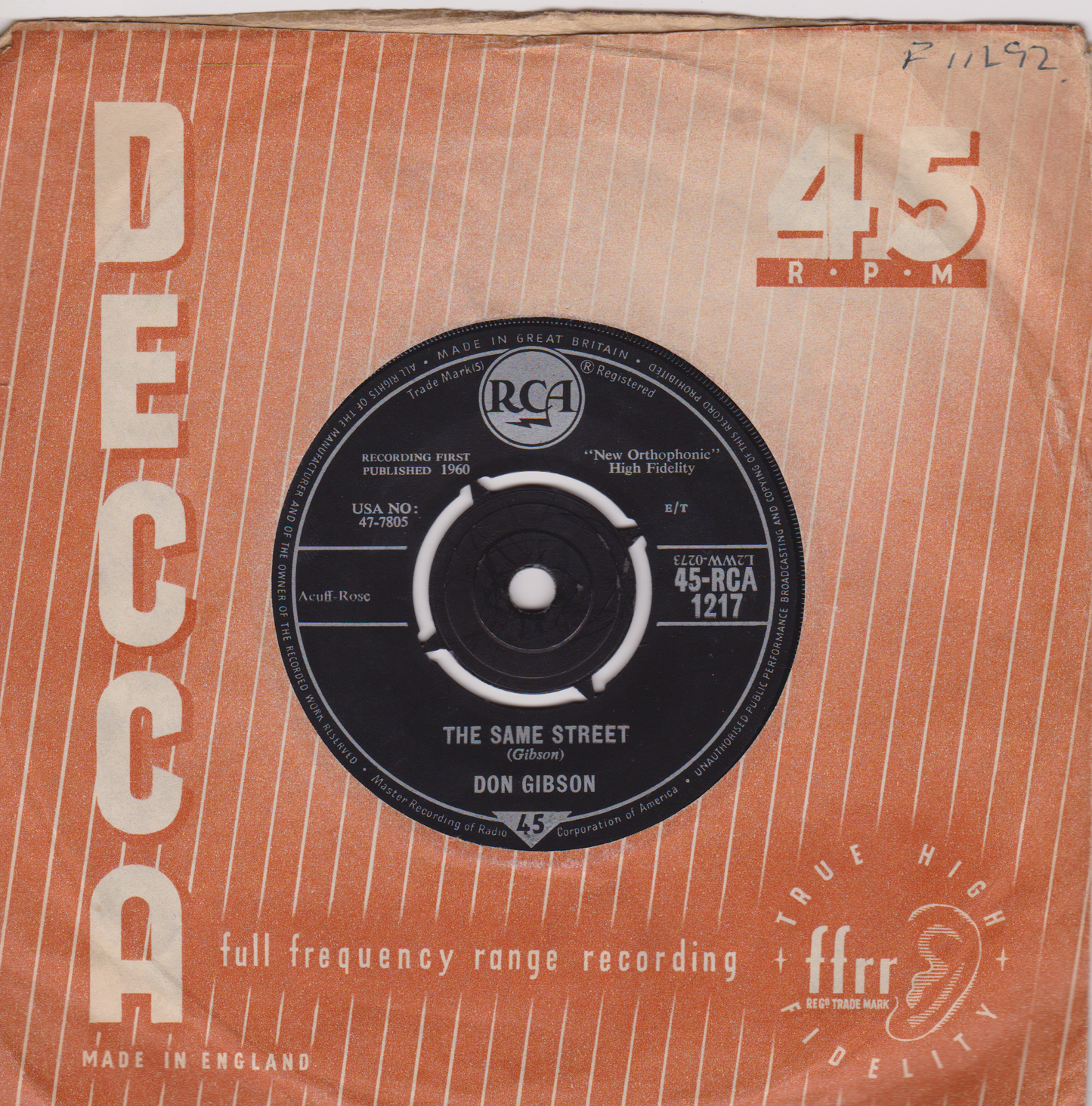 Don Gibson – The Same Street (RCA 1960) 7" vinyl single VG/-