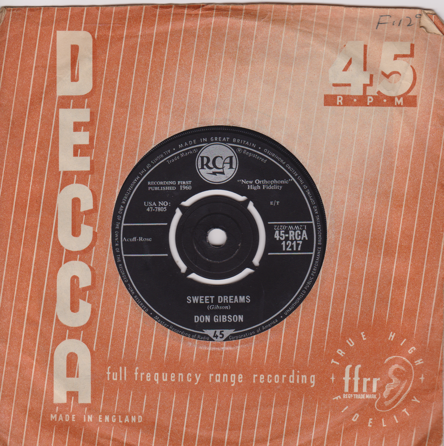 Don Gibson – The Same Street (RCA 1960) 7" vinyl single VG/-