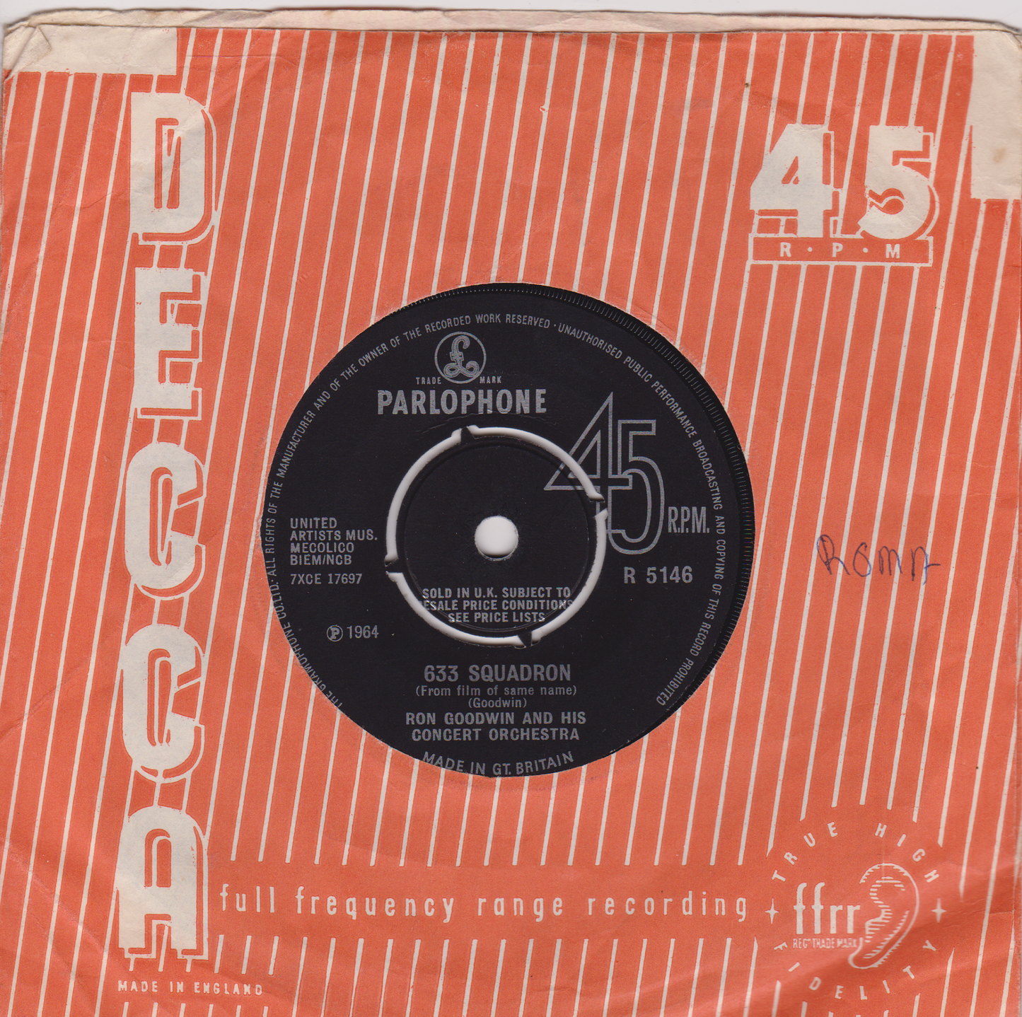 Ron Goodwin And His Concert Orchestra – 633 Squadron (Parlophone 1964) 7" vinyl single VG/-