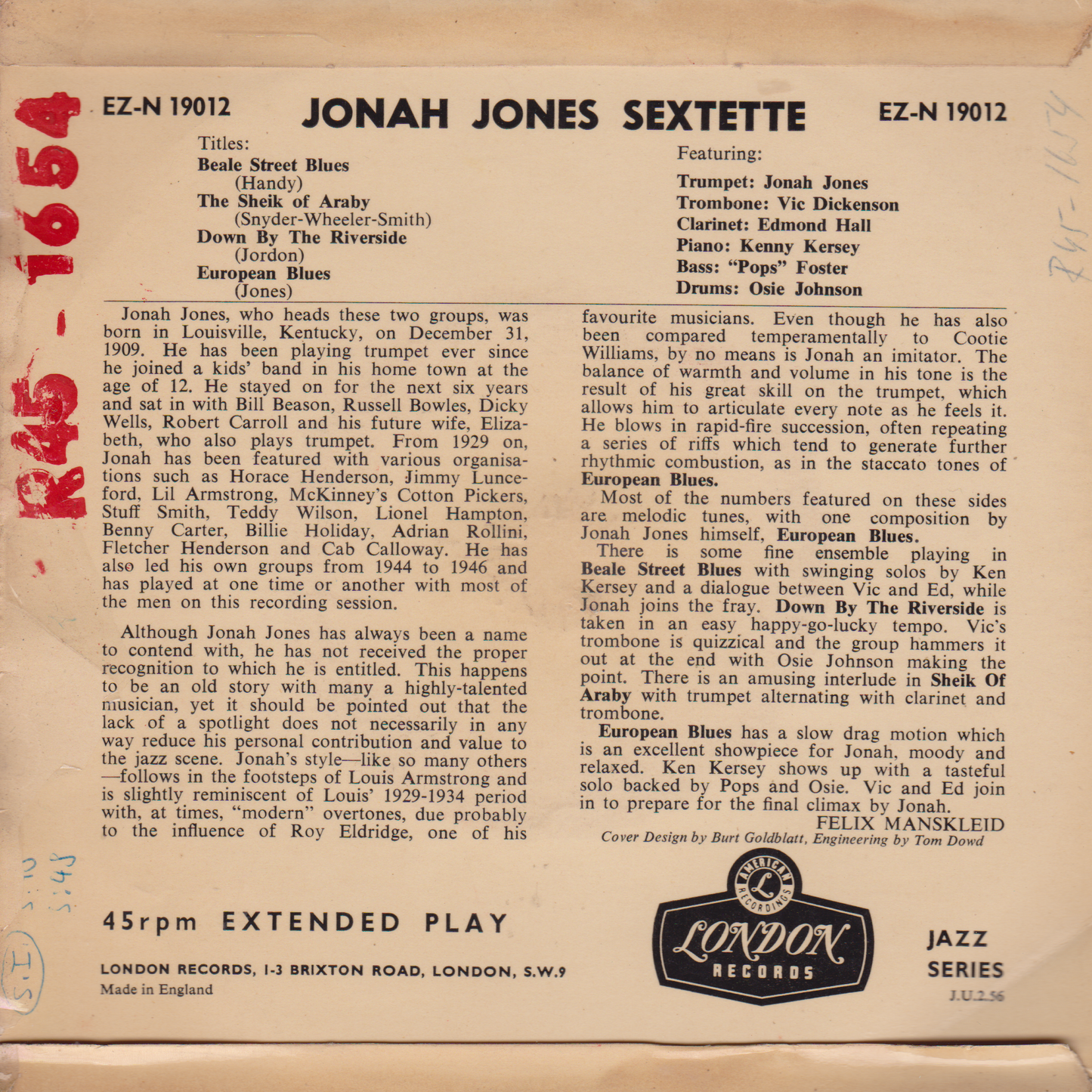 Jonah Jones - Jonah Jones Part 1 (London 1956) 7" vinyl P/S EP VG/VG