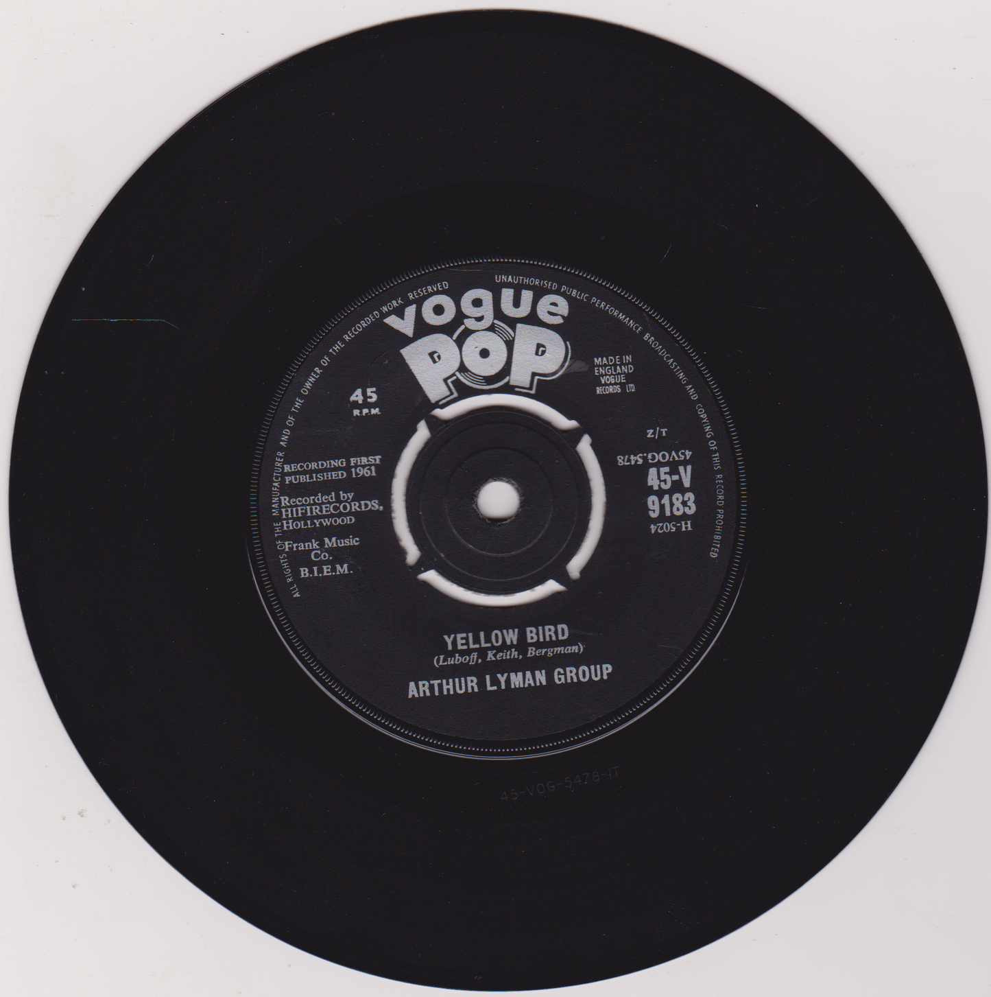 Arthur Lyman Group – Yellow Bird (Vogue 1961) 7" vinyl single VG/-