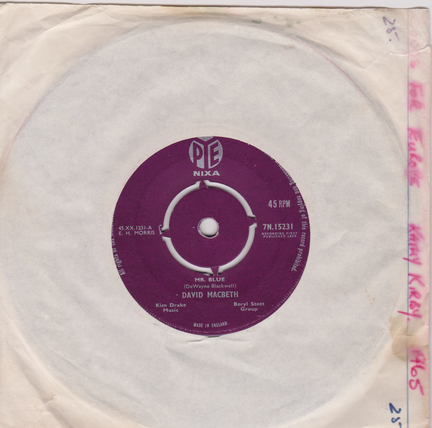 David MacBeth – Mr Blue (Pye 1959) 7" vinyl single VG/-